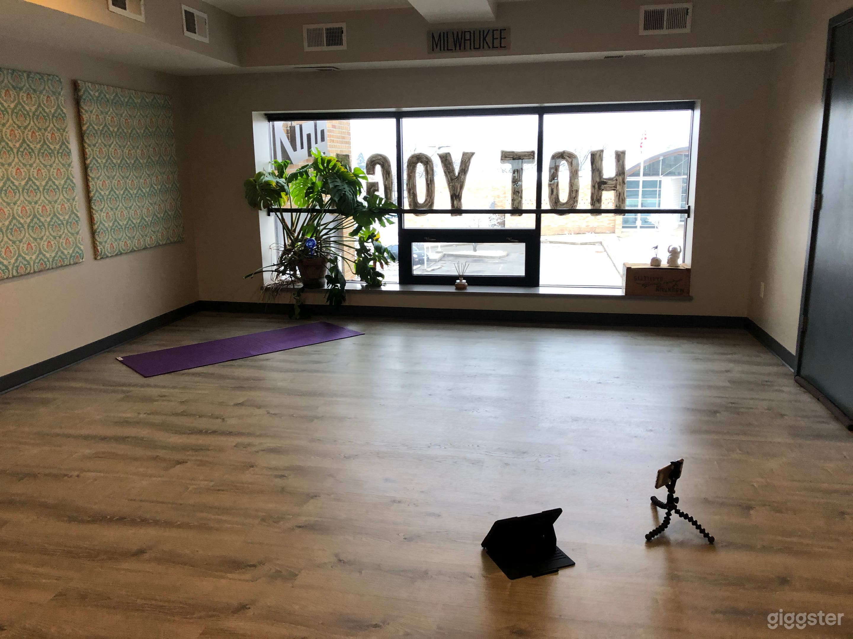 Large upstairs yoga room accessible by stairs or elevator 