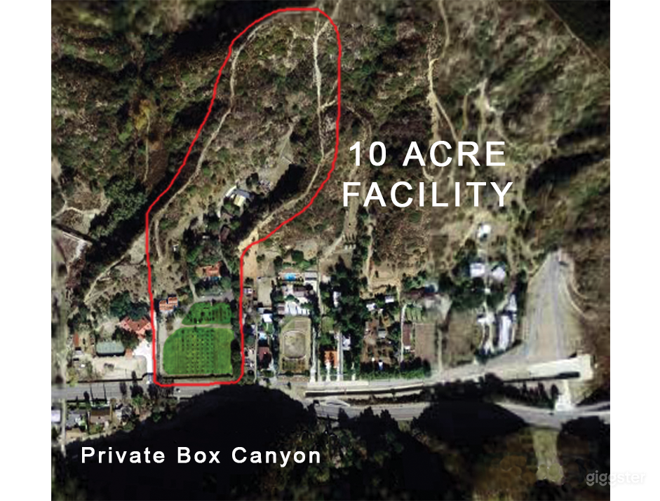 Ten acres (6½ Level acres on 11 terraces in a private box canyon circled in red) set in beautiful La Tuna Canyon, just 7 minutes from the Burbank/Hollywood Airport, fully powered (1000AMPS) with satellite distribution boxes for all areas.