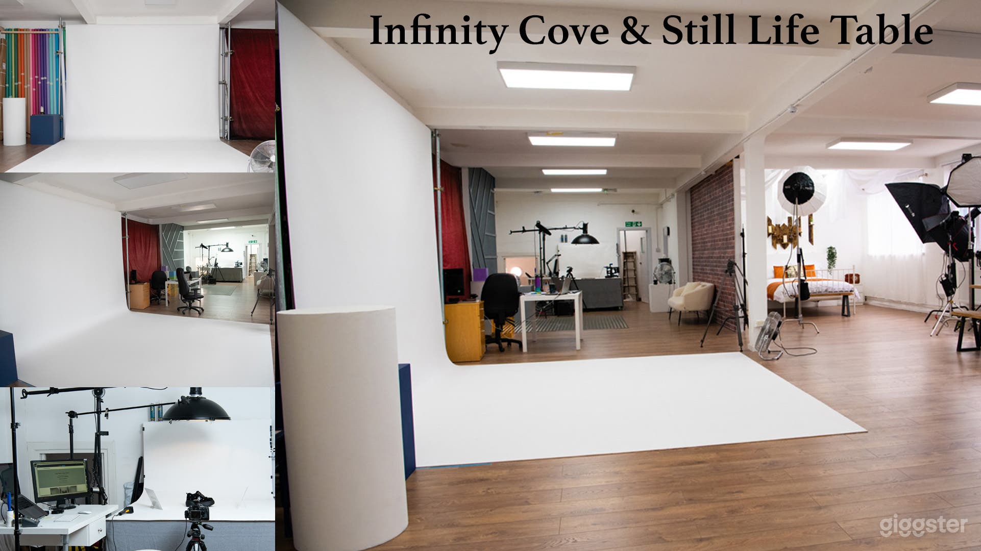 2 infinity coves, the largest being 3.2m wide by 4m deep and a product table ideal for still life of small items