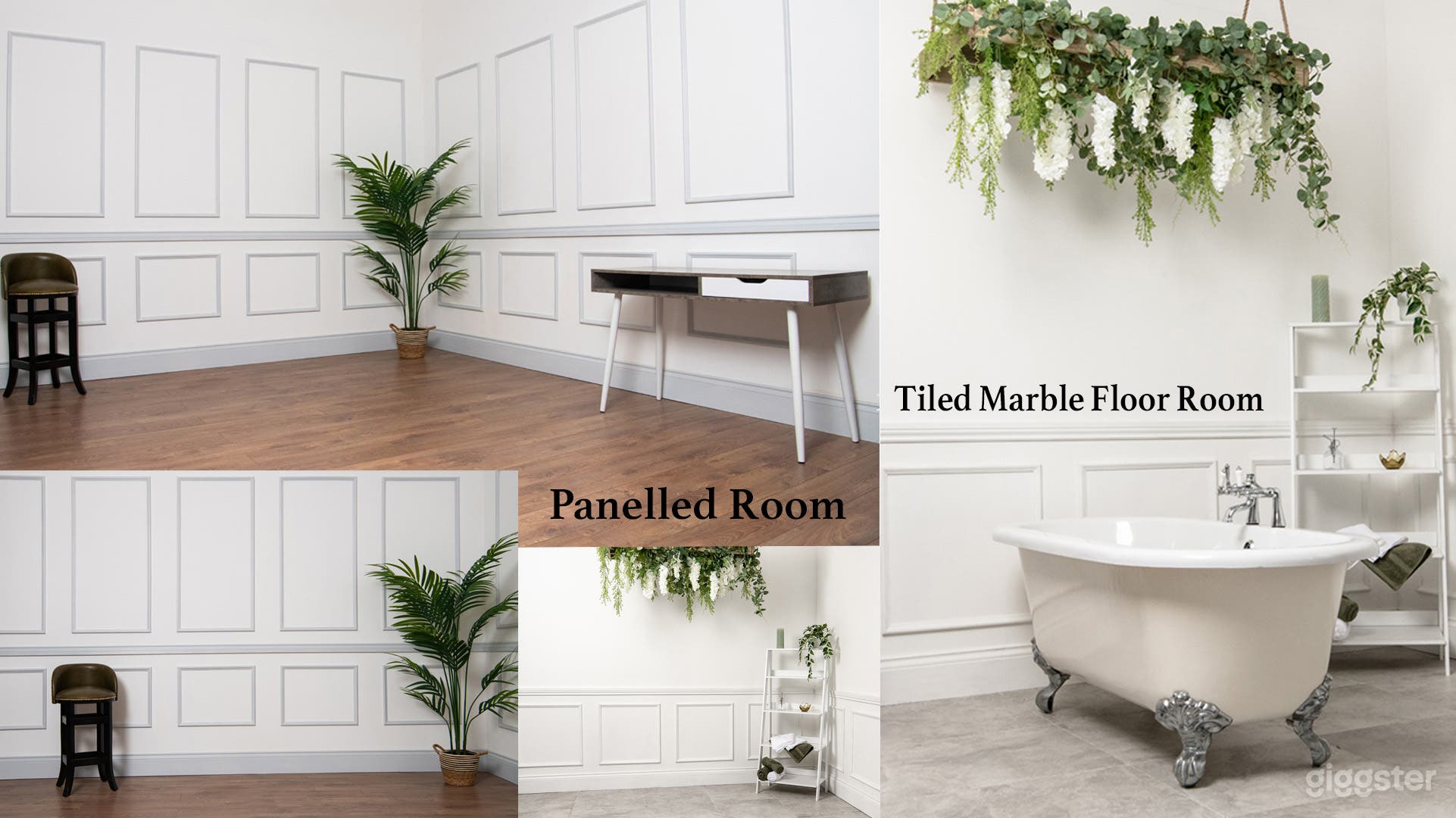 The panelled room and the marble tiled floor room give a luxurious feel, a very premium background.