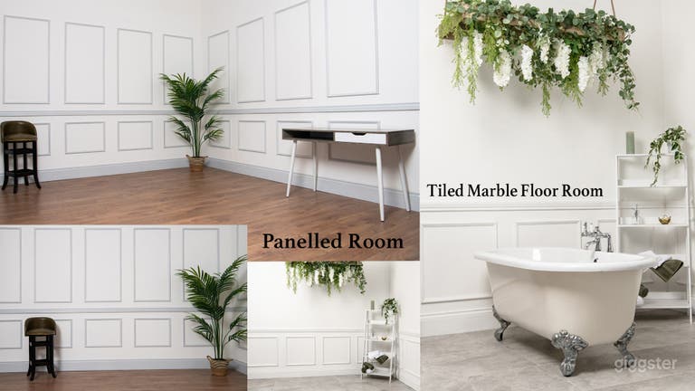  The panelled room and the marble tiled floor room give a luxurious feel, a very premium background. 