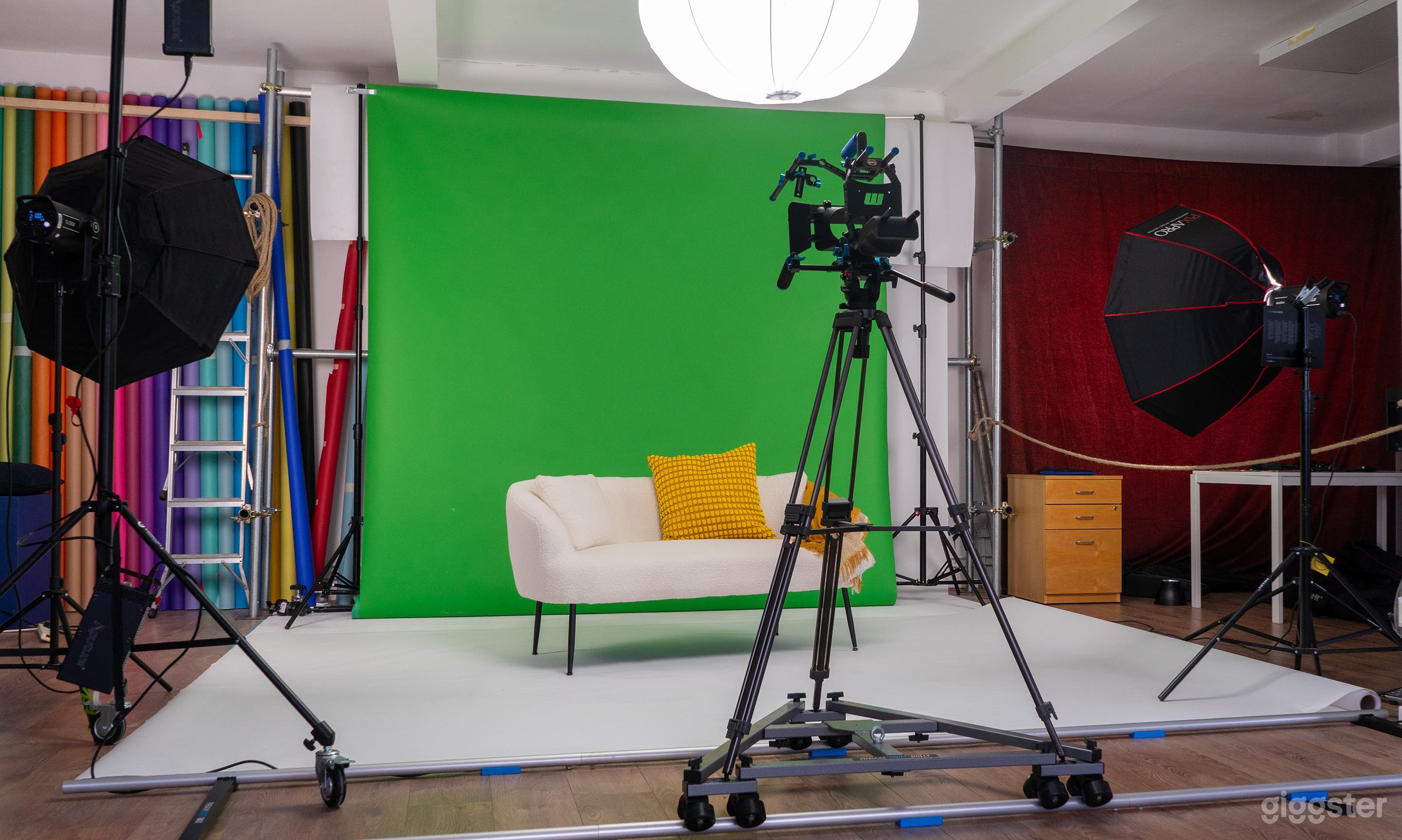 Green screen background in place on the white cove for a corporate shot