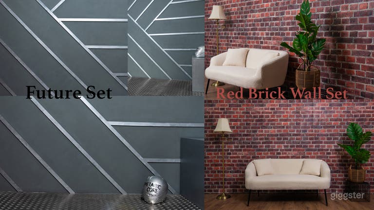  The Future set, metallic floor and background, The red brick wall is a photorealistic faux red brick wall panel 