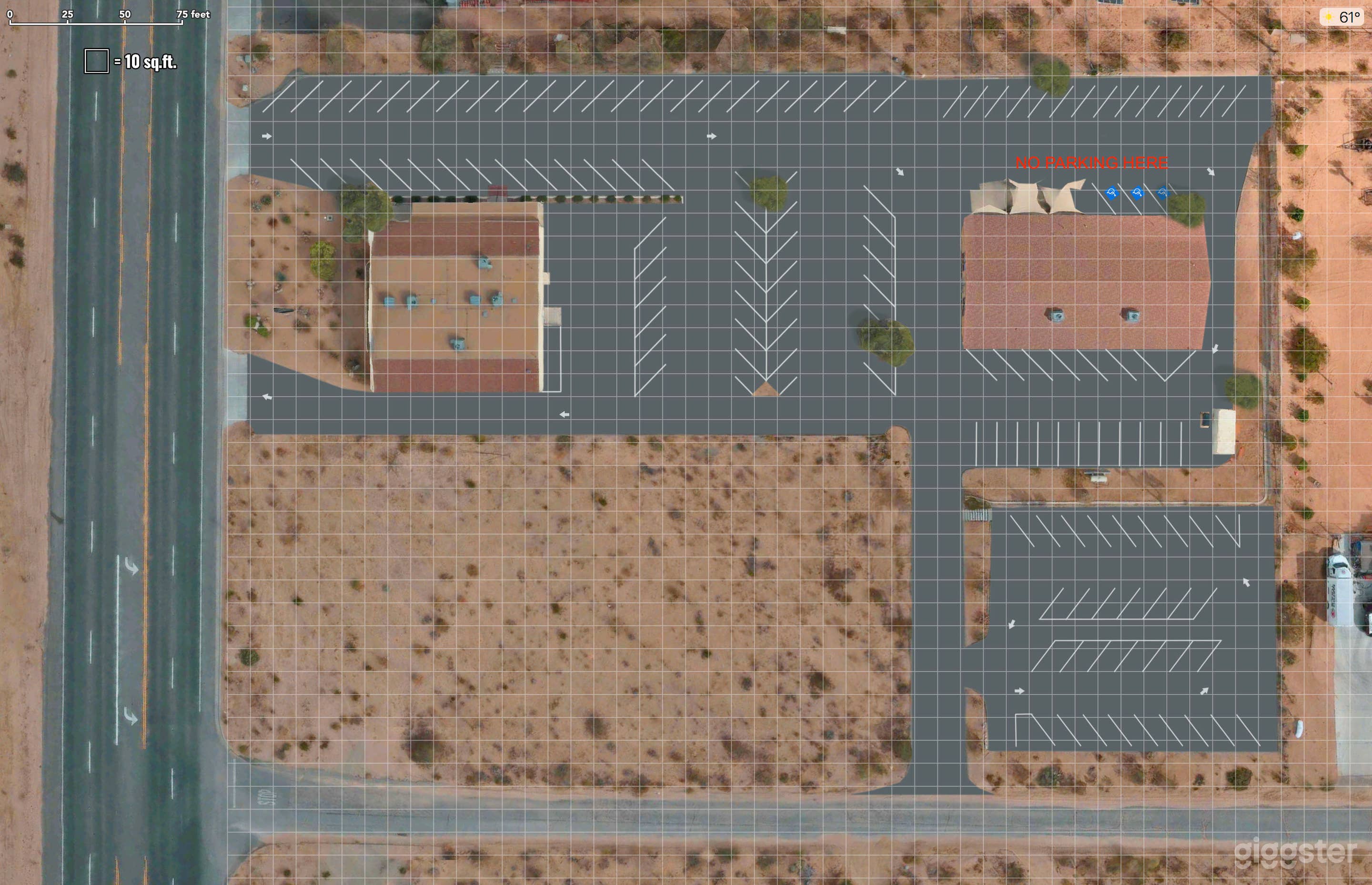 Overhead view of all parking areas and adjacent dirt lot (before it was cleared)