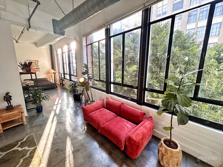  Mid Century Modern Industrial Loft with unique furniture. Retro graffiti and bohemian style furniture 