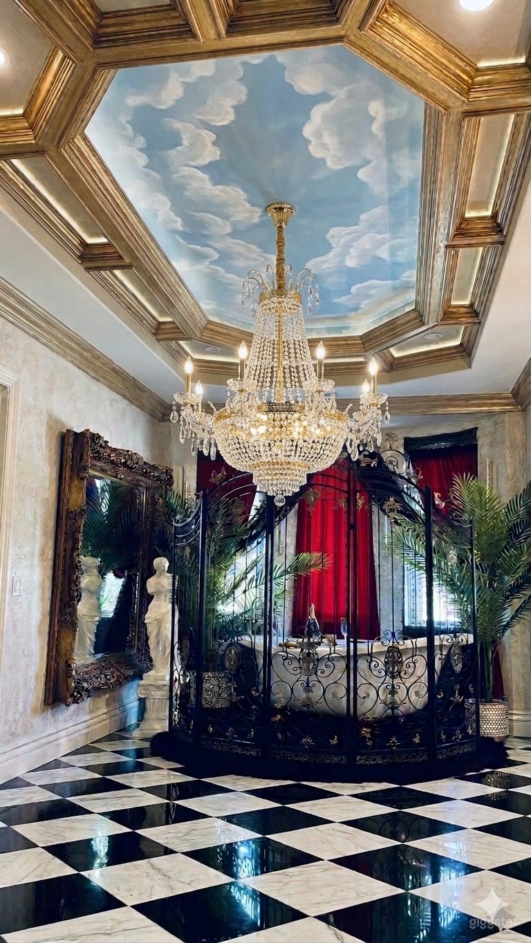 Had fun with AI. Easily doable with black/white marble/tile flooring and ceiling clouds with a beautiful chandelier. This look will be achieved sometime in the future :)