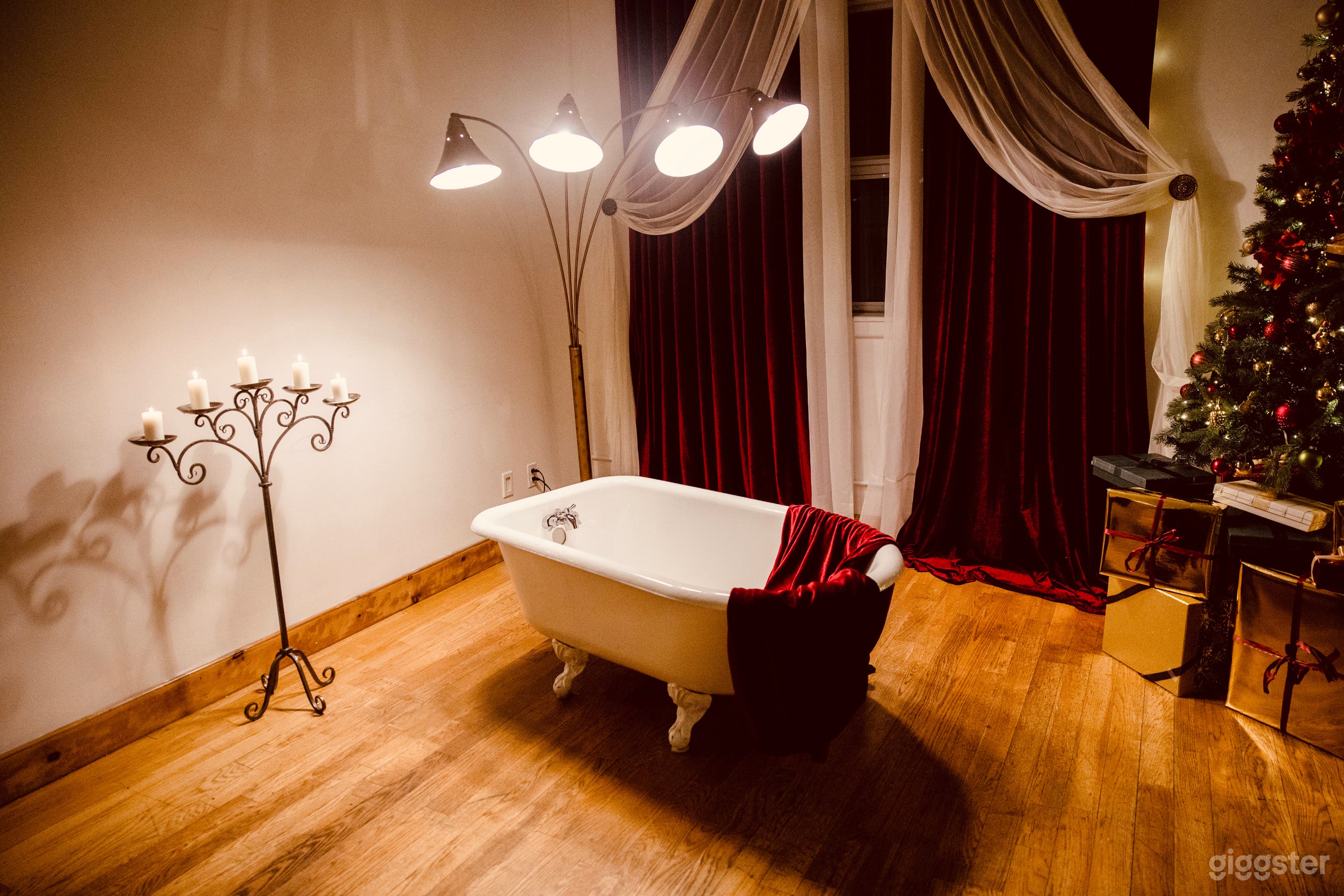 Holiday Set Up Nov. 15-Dec 26th. Tree/gifts on wheels so can be moved out of shot.