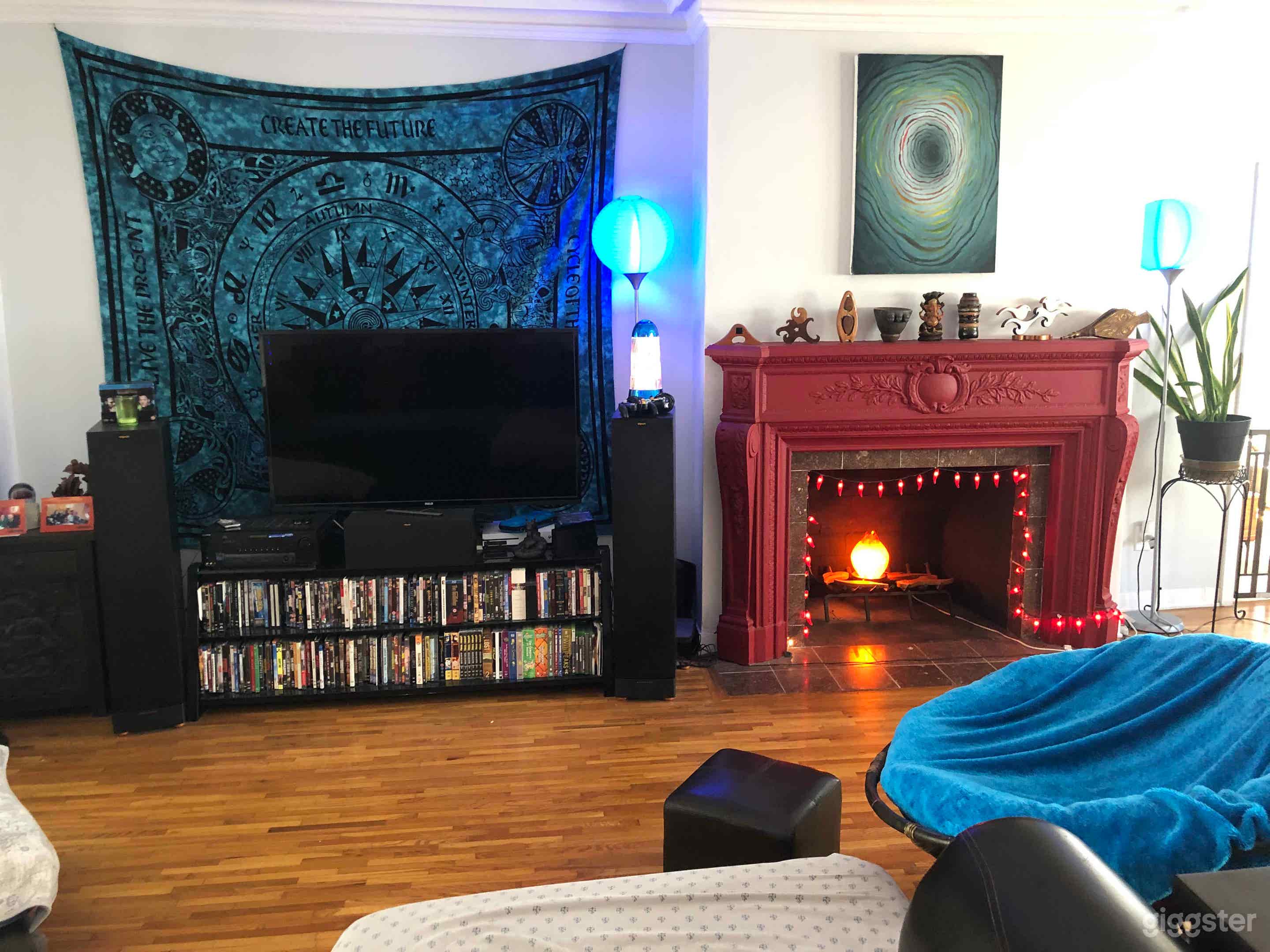 Living room with 1930s red fireplace