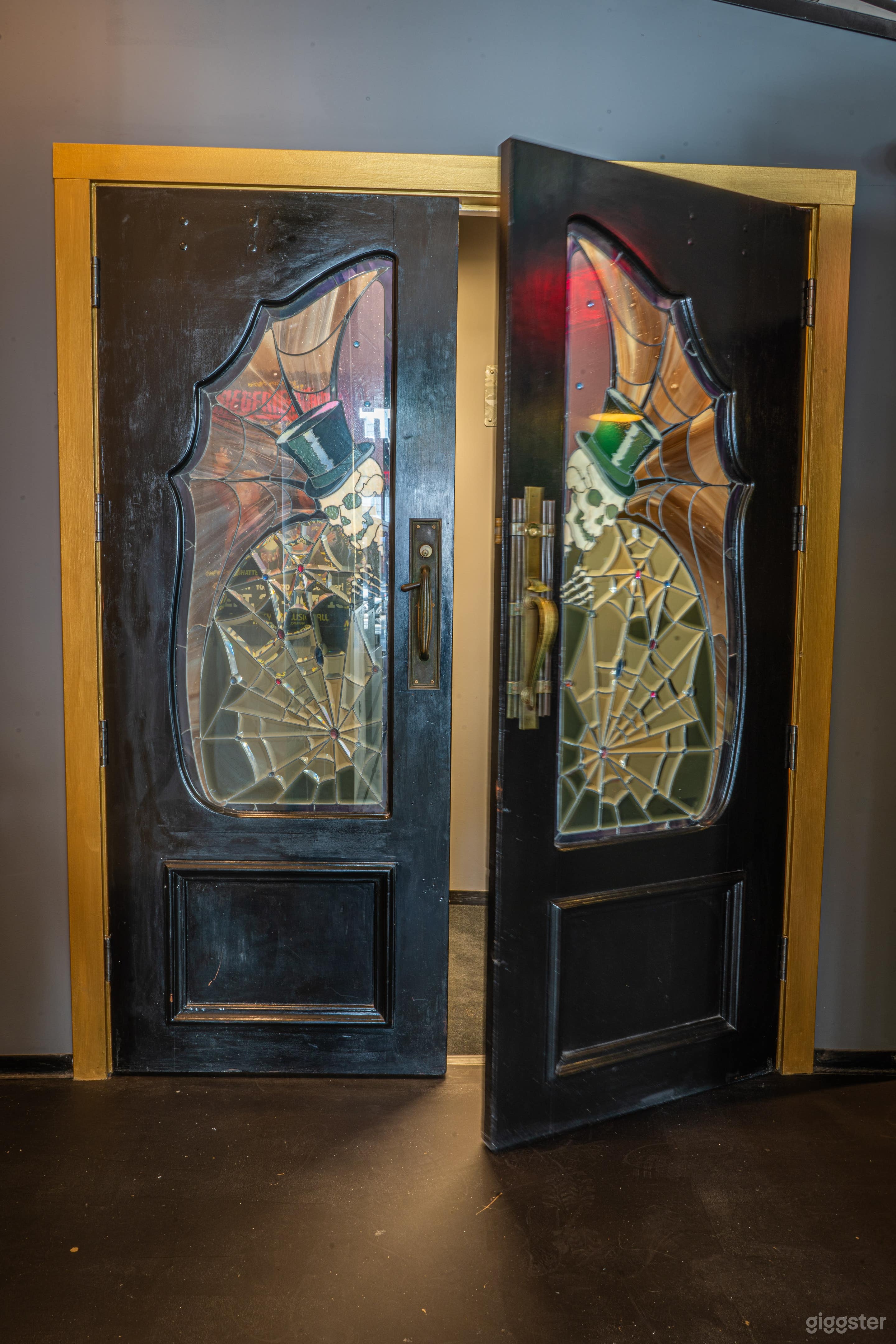 Skeleton doors lead to the theater