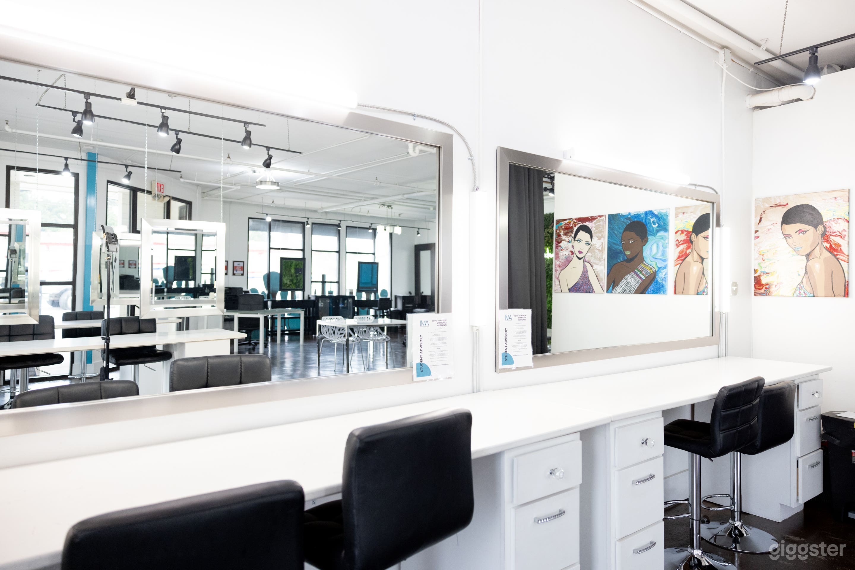 Luxe Makeup Booth Space with adjustable chairs, large mirrors and lighting