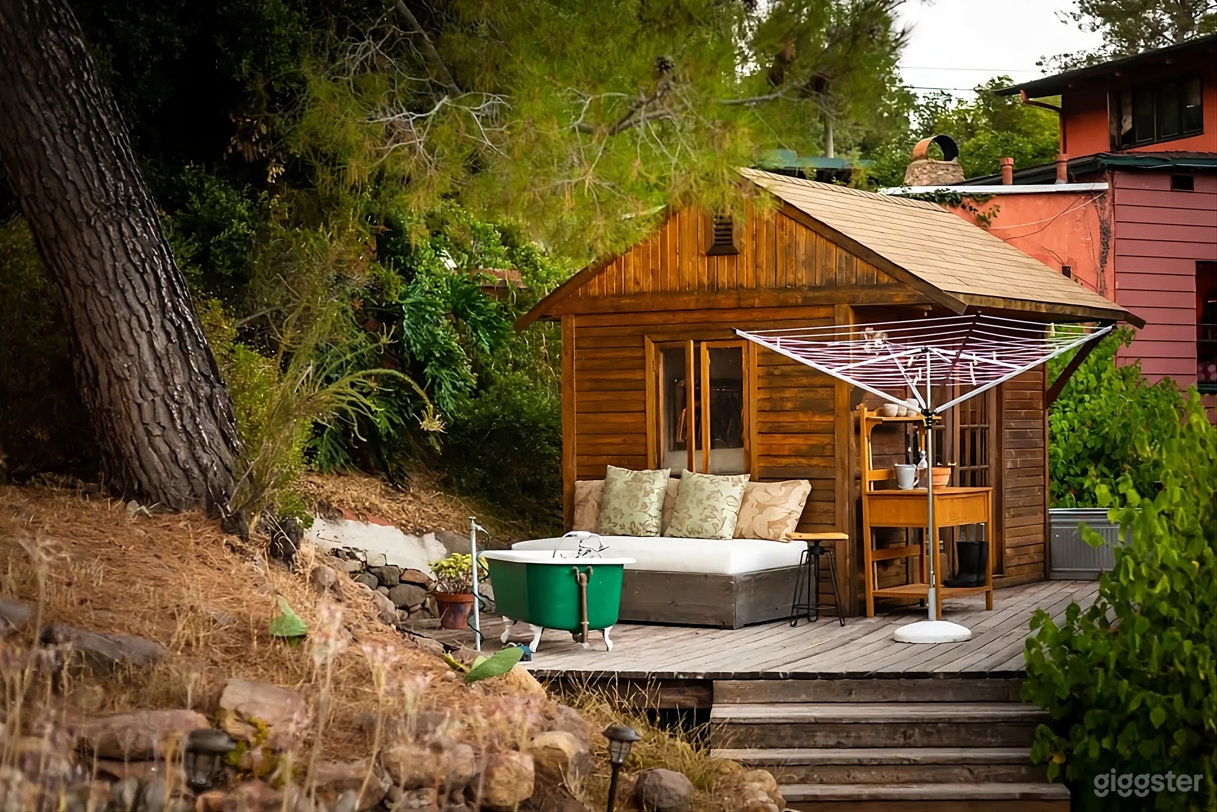 Tranquil Woodland Backyard Retreat with Outdoor Tubs Photo 1