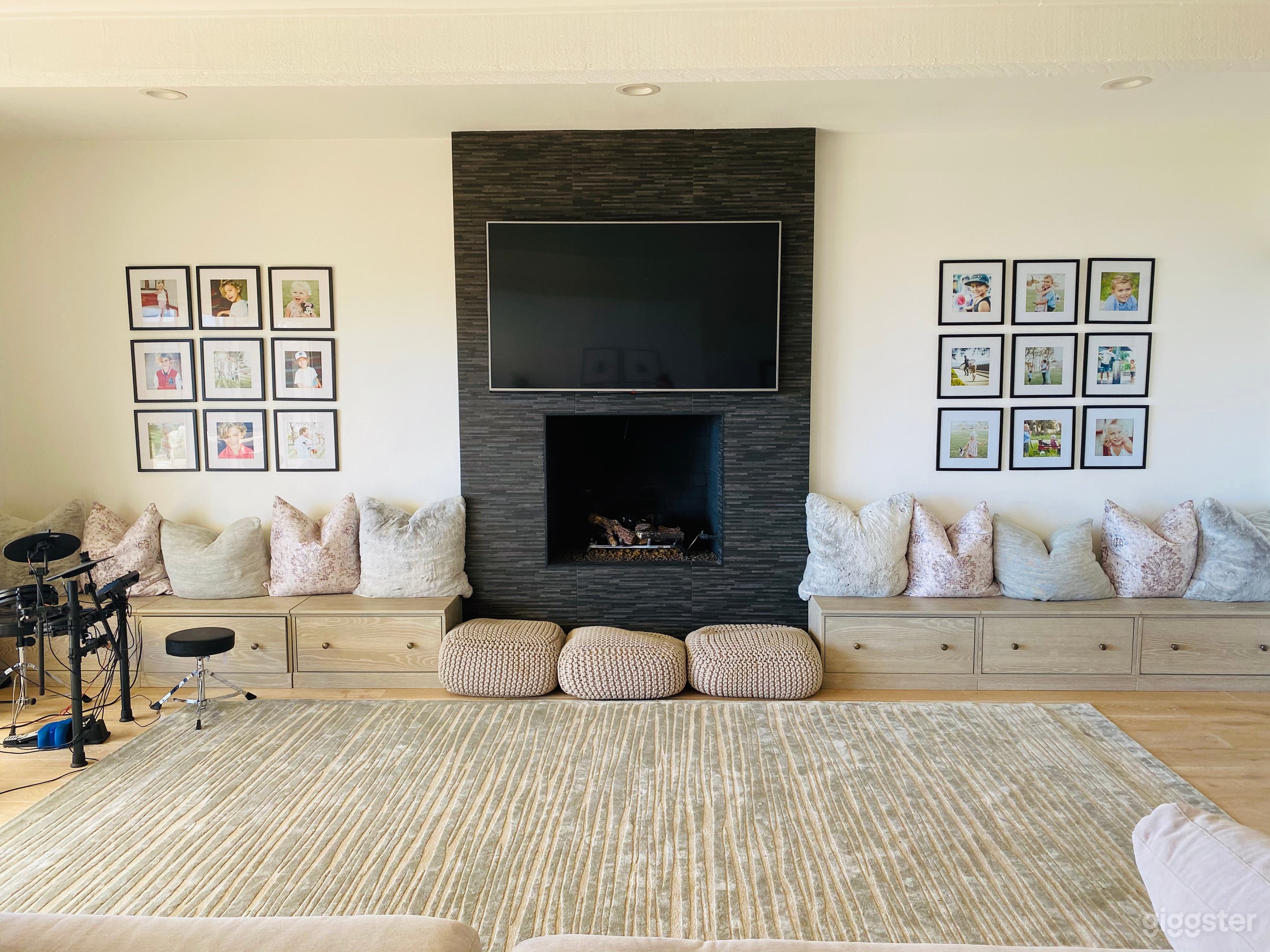 Family room/fireplace and movable drum set