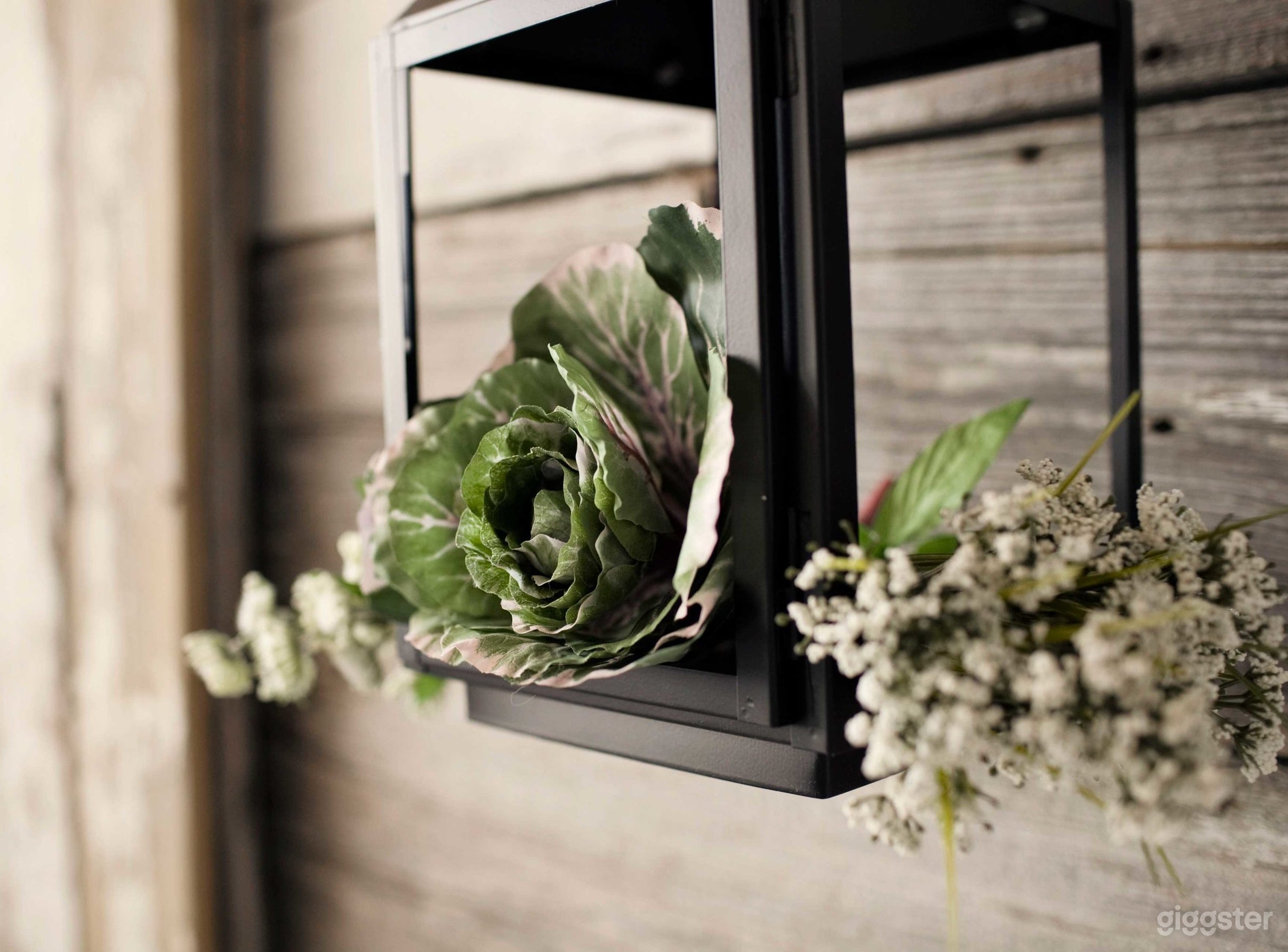 Faux flowers in metal lanterns