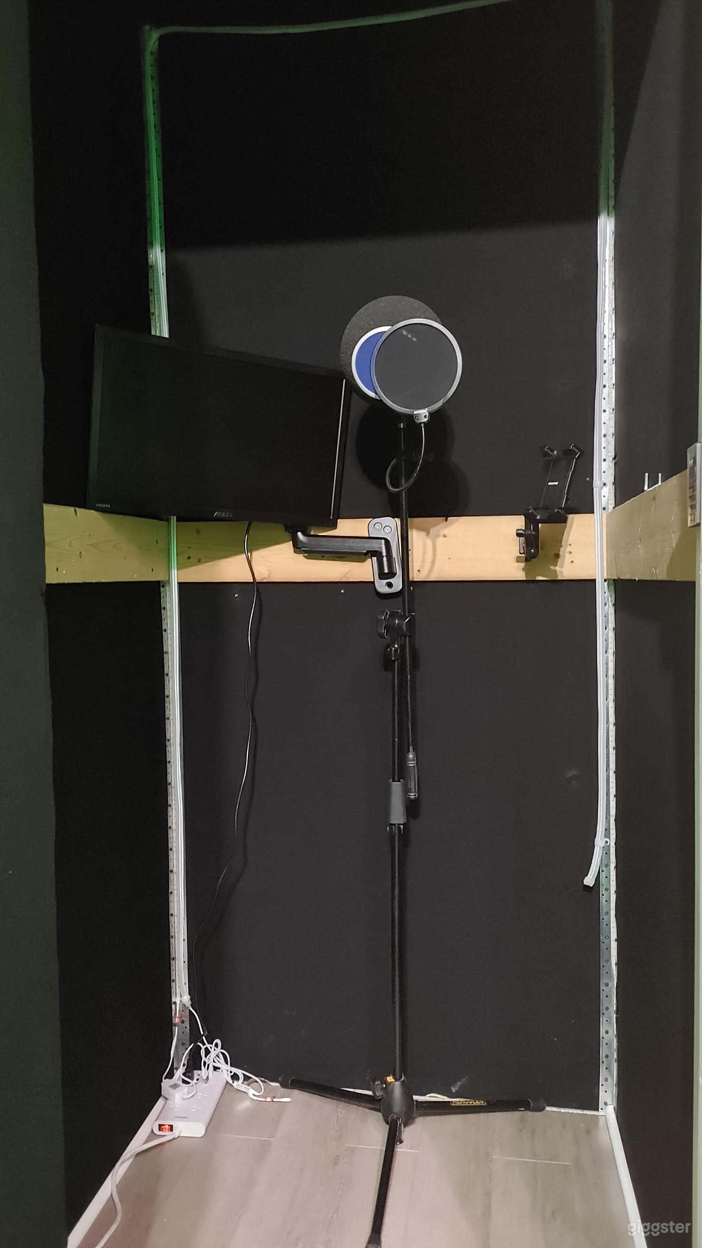 Sound booth interior built for one features Lewitt LCT 240 PRO microphone, ACER monitor, device holder, power bar for laptop &amp; other devices, and ventilation (BYO recording device, XLR cable, headset and sound mixer) - sound proof