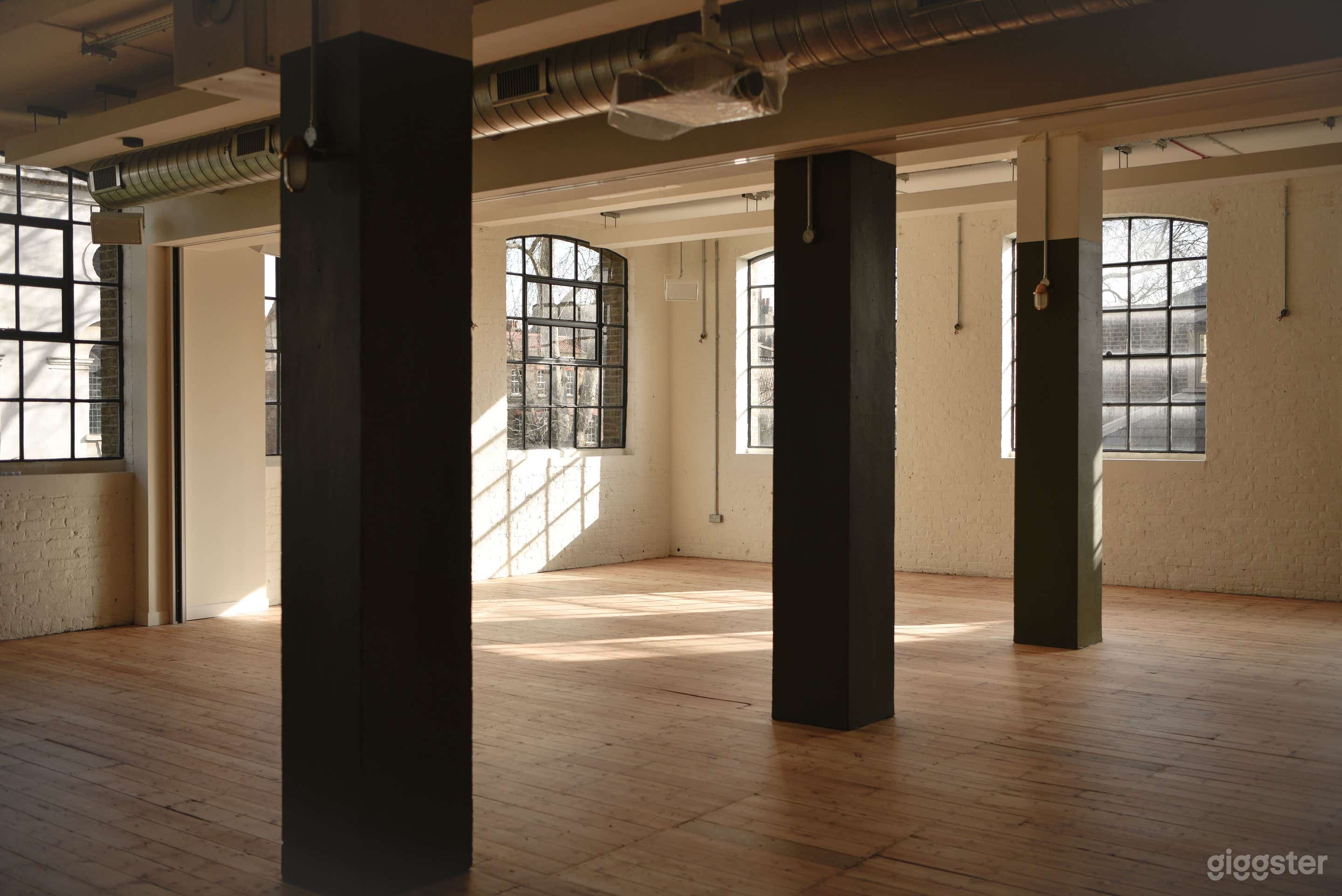 Yoga Studio with high ceilings and lots of natural light.