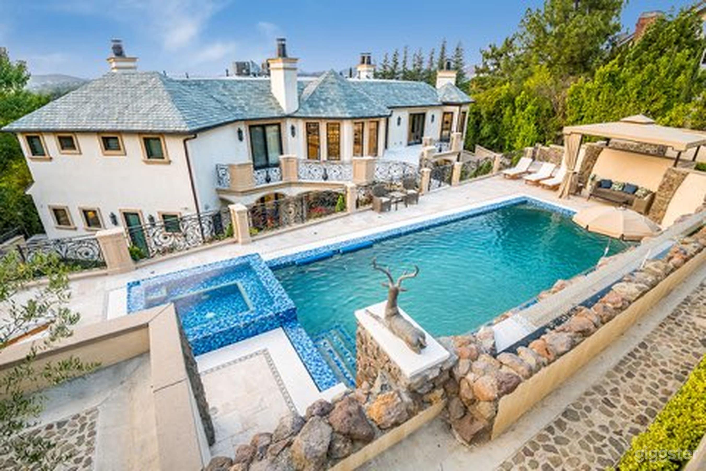 An extravagant pool at a French Chateau Style Mansion Photo 1