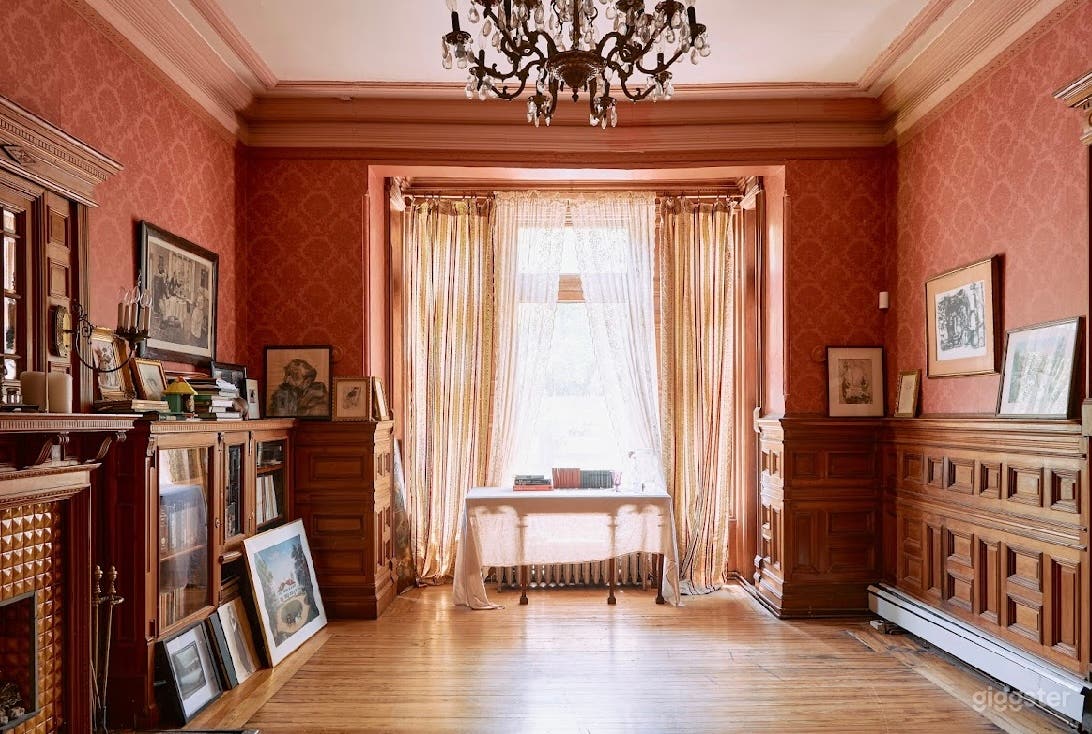 Classic Wallpapered Parlor Room with Fireplace Photo 2