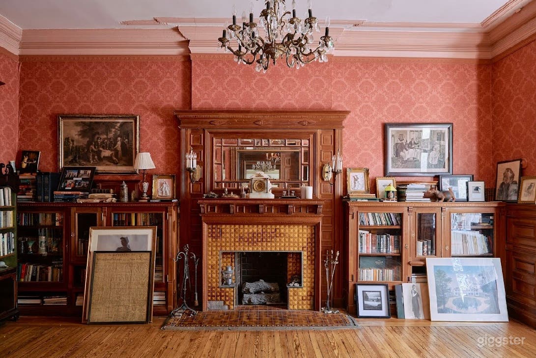 Classic Wallpapered Parlor Room with Fireplace Photo 3