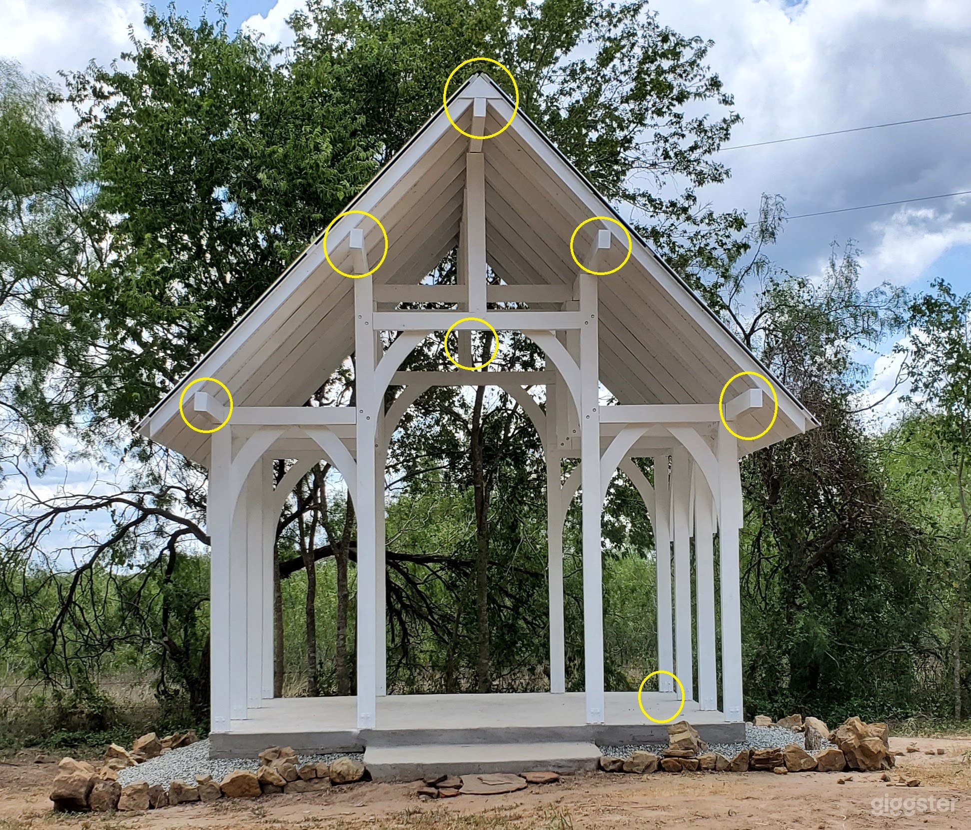 Back Yard Wedding Altar/Covered Pavillion. Yellow Circles represent electrical connections &amp; LED lights.