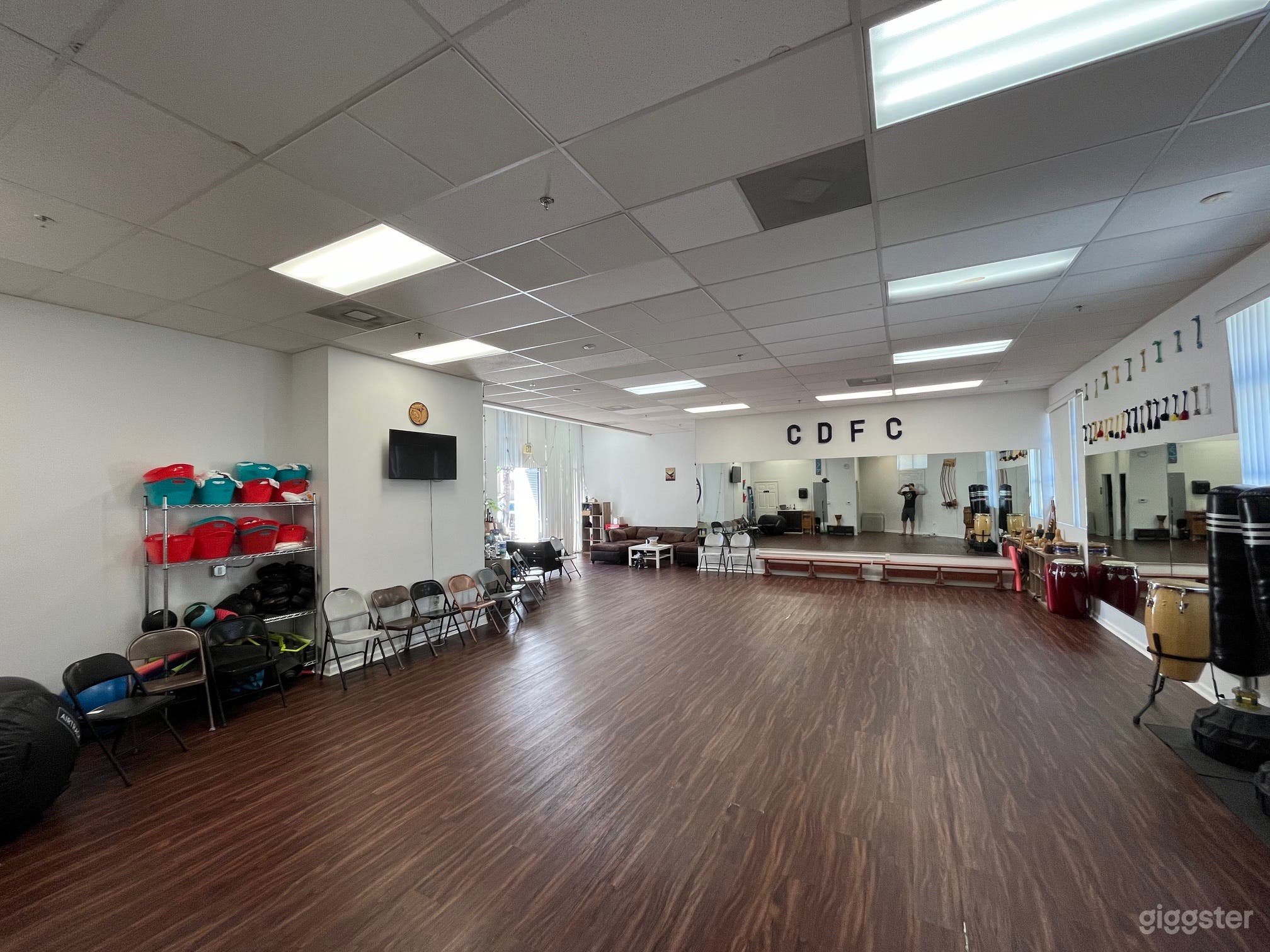 from the back of the studio looking toward the front