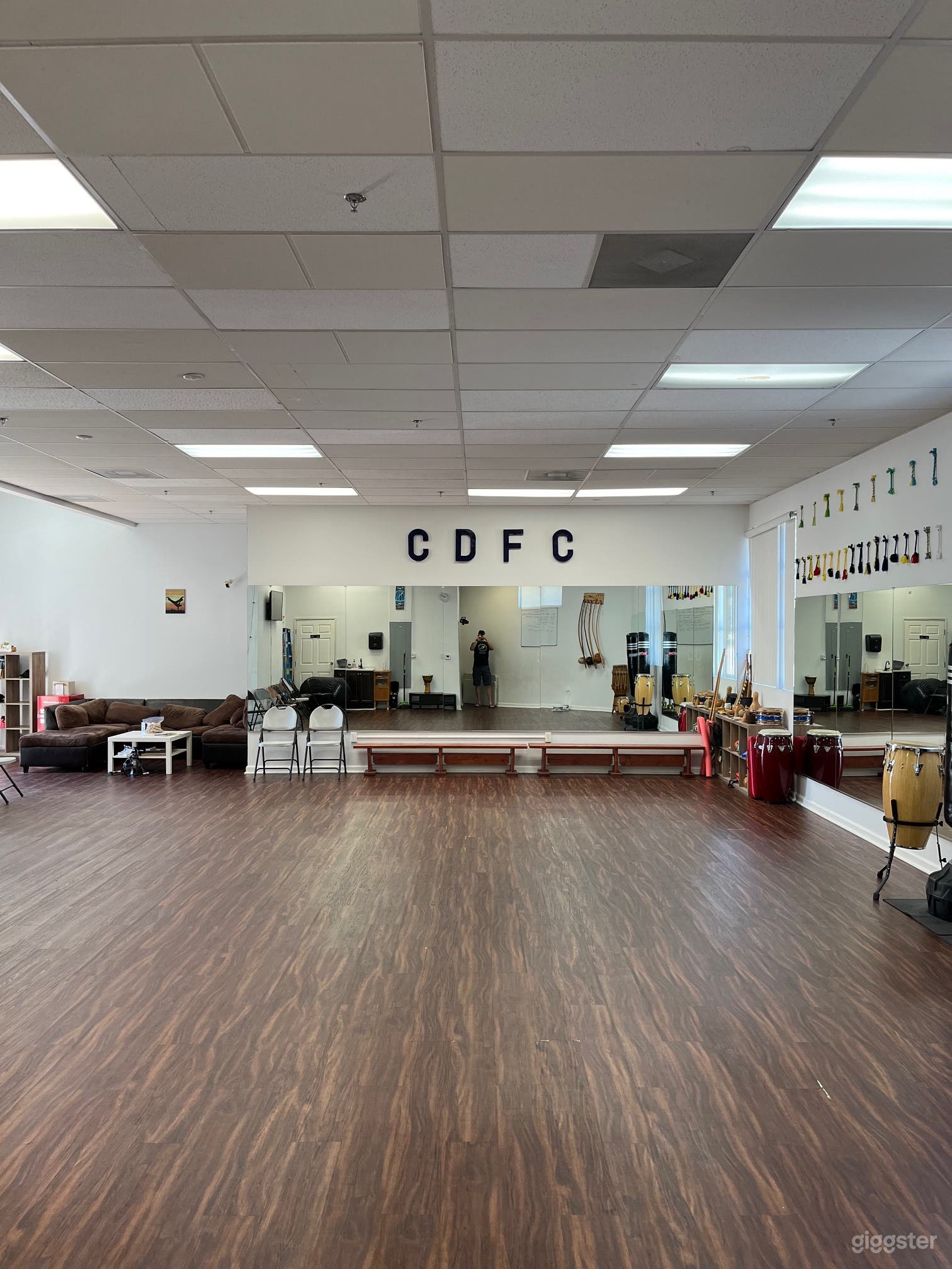 from the back of the studio looking toward the front