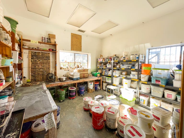  Our glaze room equipped with all materials for mixing glazes, as well as glaze buckets and test tiles. 