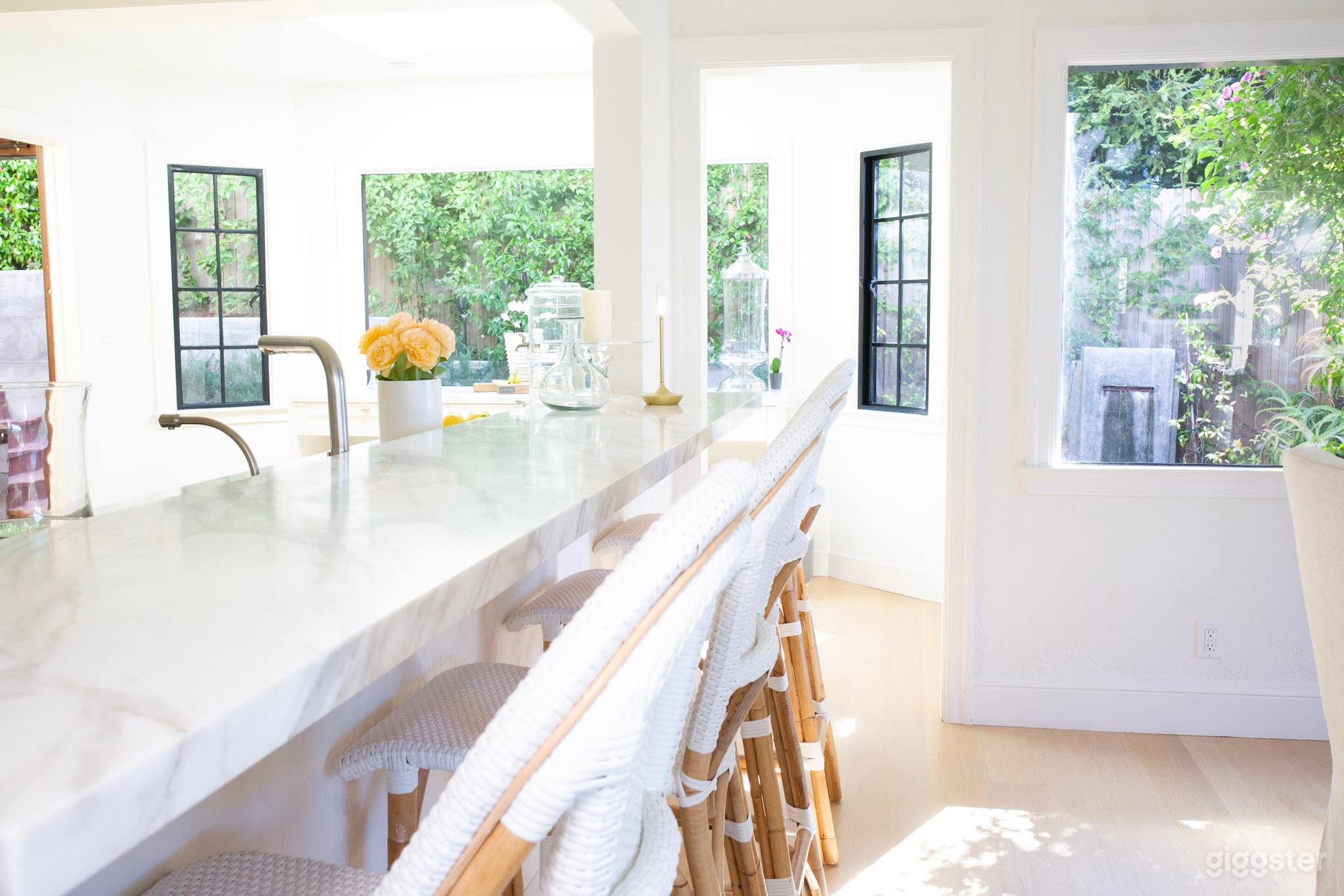 Bar island dining area, open floor plan to living room and outdoors