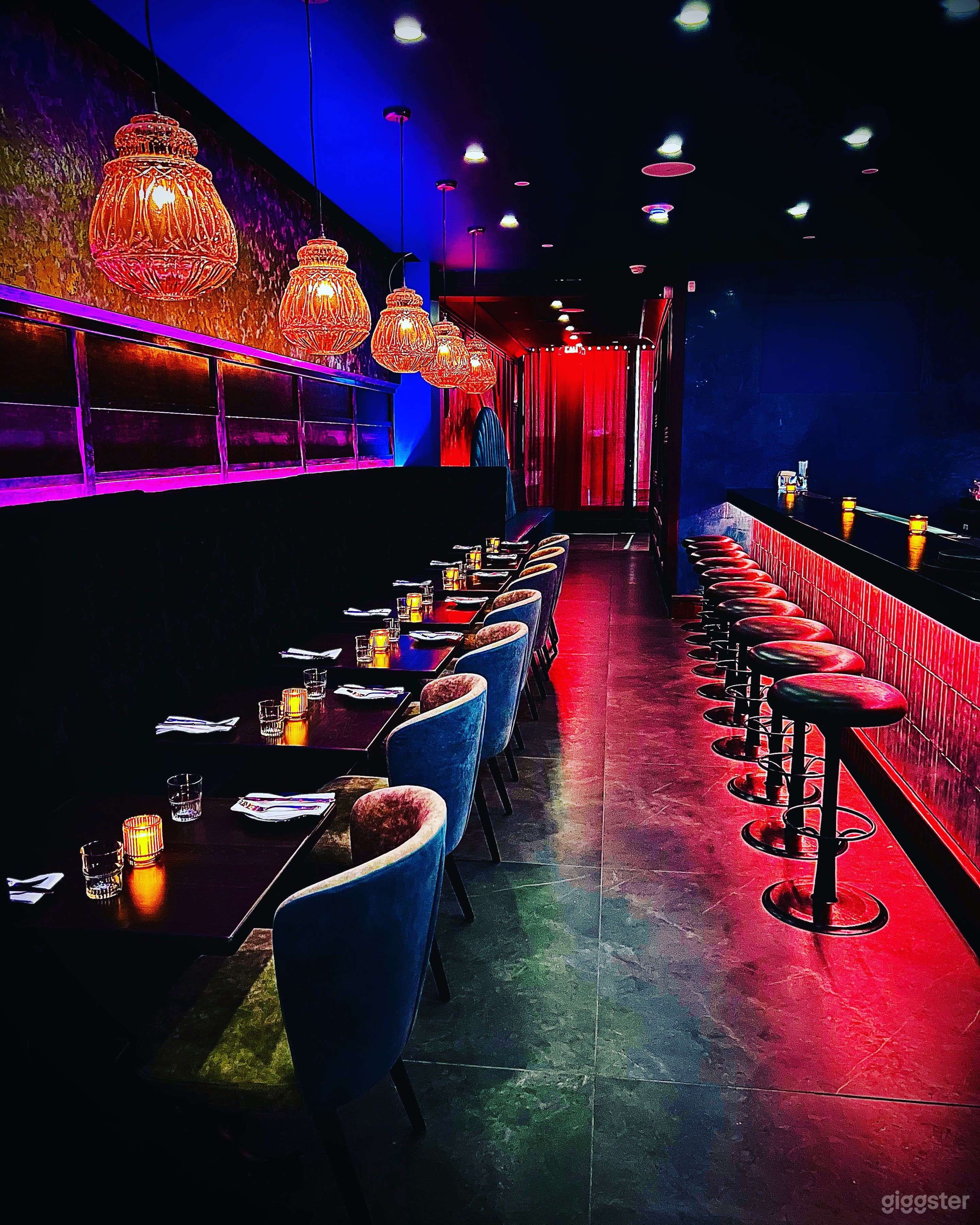 Ground floor bar with ornate lighting.