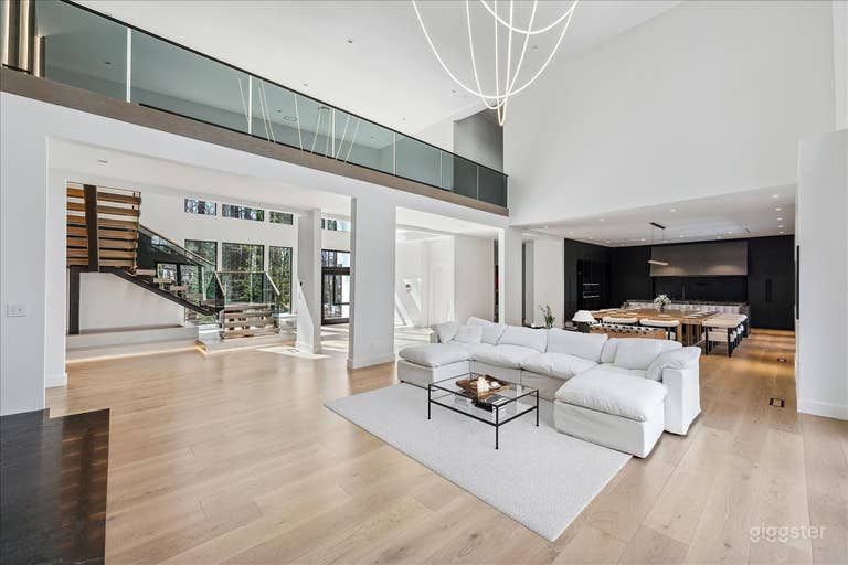  Modern Great Room
Spacious, minimalistic open-concept design with soaring ceilings and clean architectural lines. Perfect for elegant lifestyle scenes, interviews, or dramatic wide shots. 