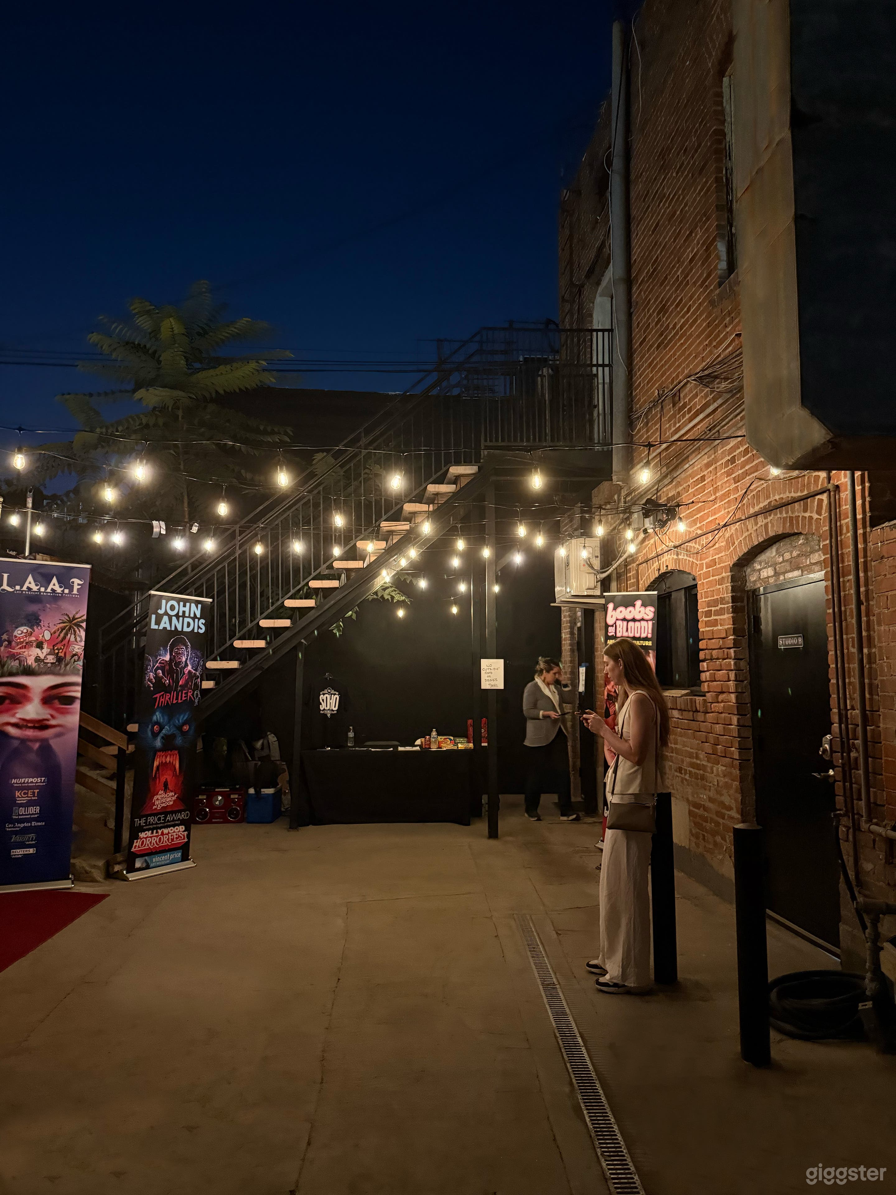 Outdoor patio with vintage lighting