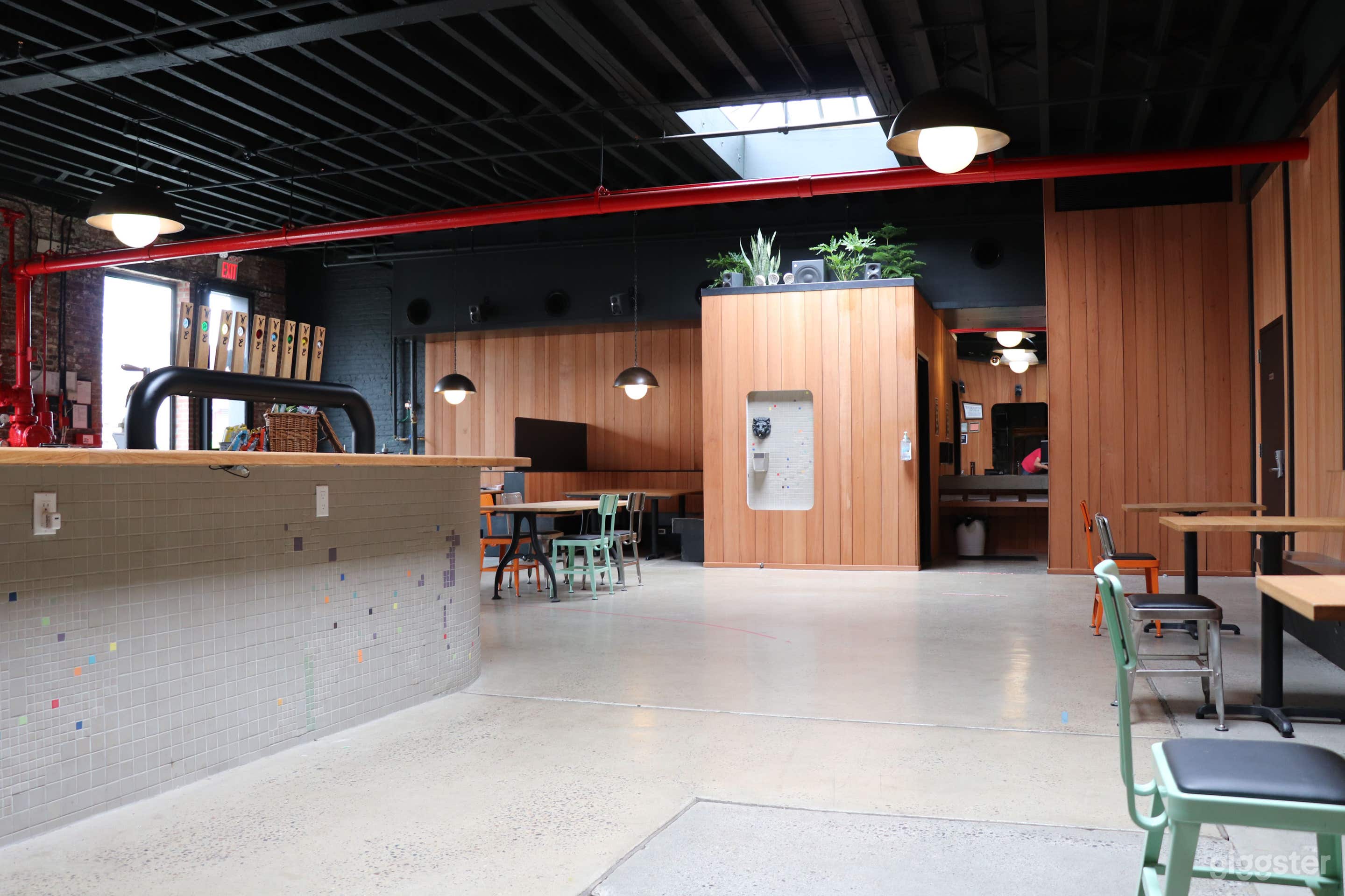 Taproom without bar stools.