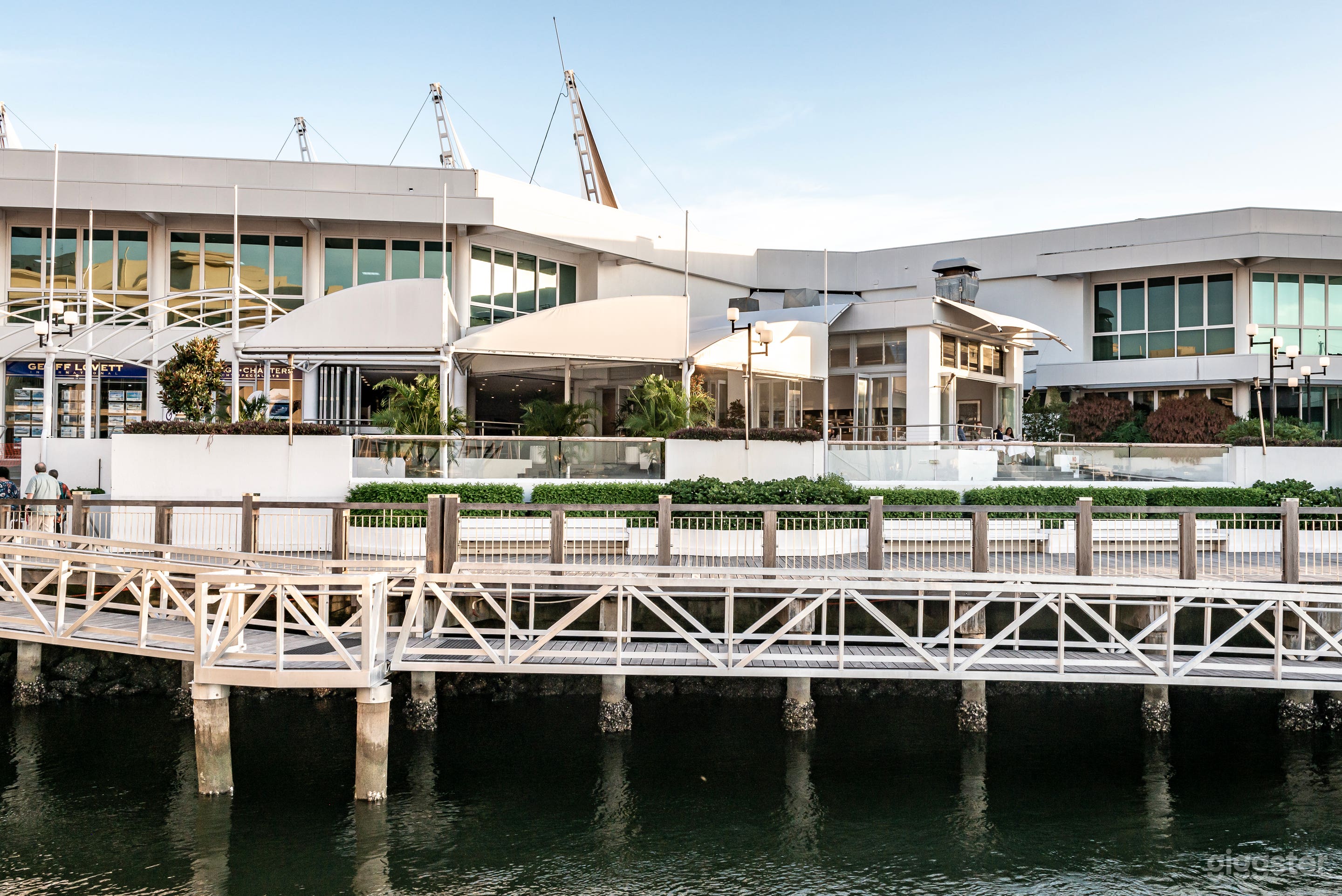 View towards restaurant across marina 