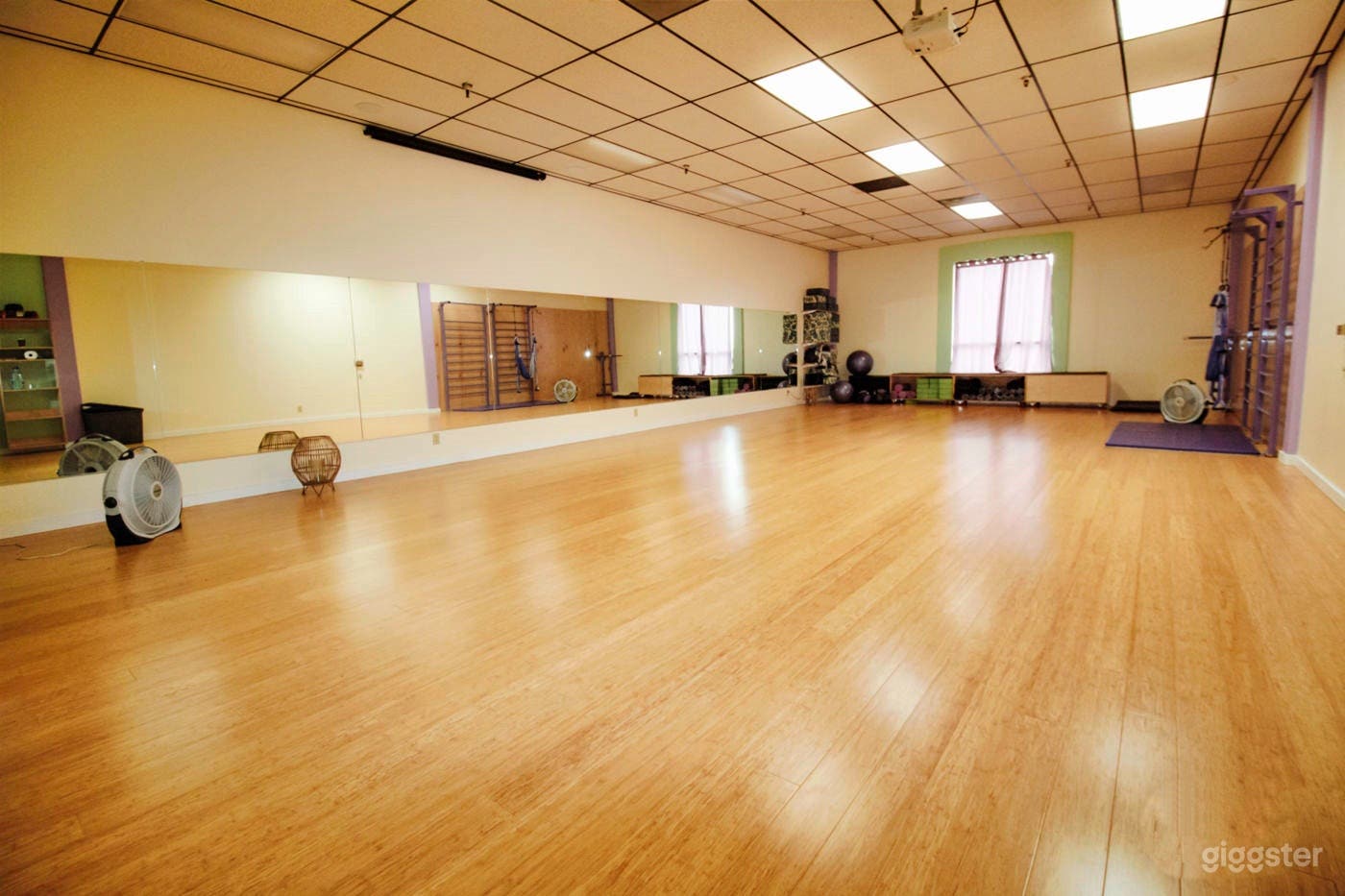 This studio has additional equipment since the photo was taken. Treadmill, Bike, rowing machine, Step up, weights