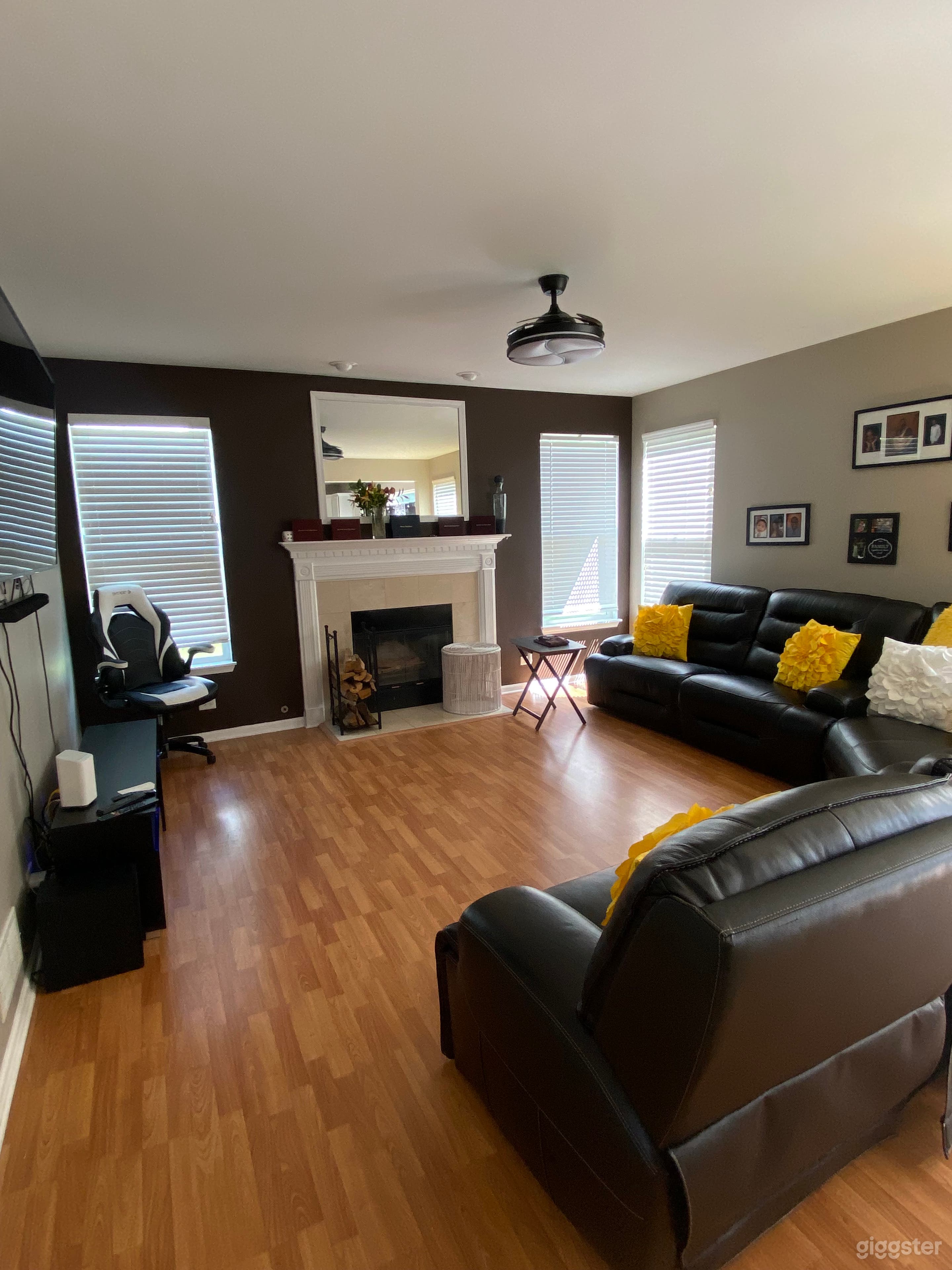 Family room with wood fireplace 
