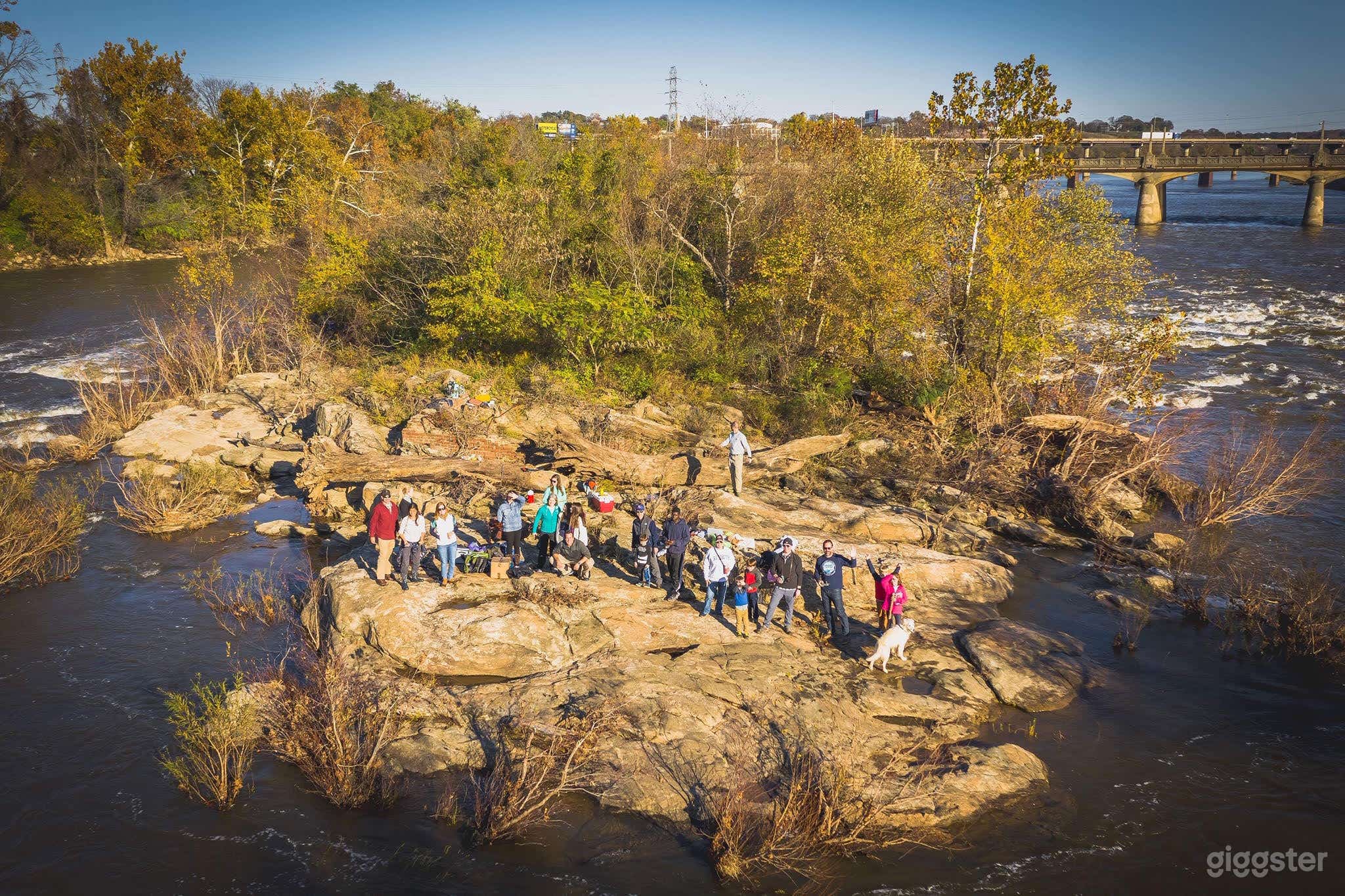 Sharp's Island is a 1-acre island in the middle of downtown Richmond, Va. It is easily accessed by paddling over from the south bank of the river (maybe 60 yards) or by power boat put-in a half-mile downstream at Ancarrow's landing.