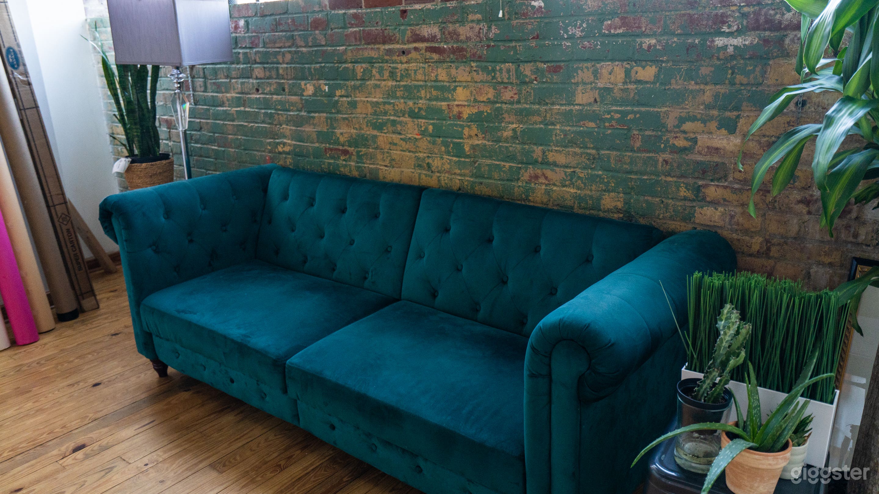 Mid century modern , green velvet couch/prop.