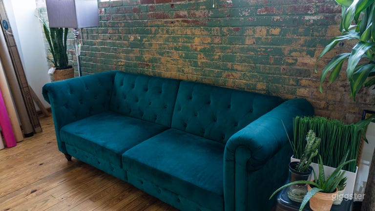  Mid century modern , green velvet couch/prop. 