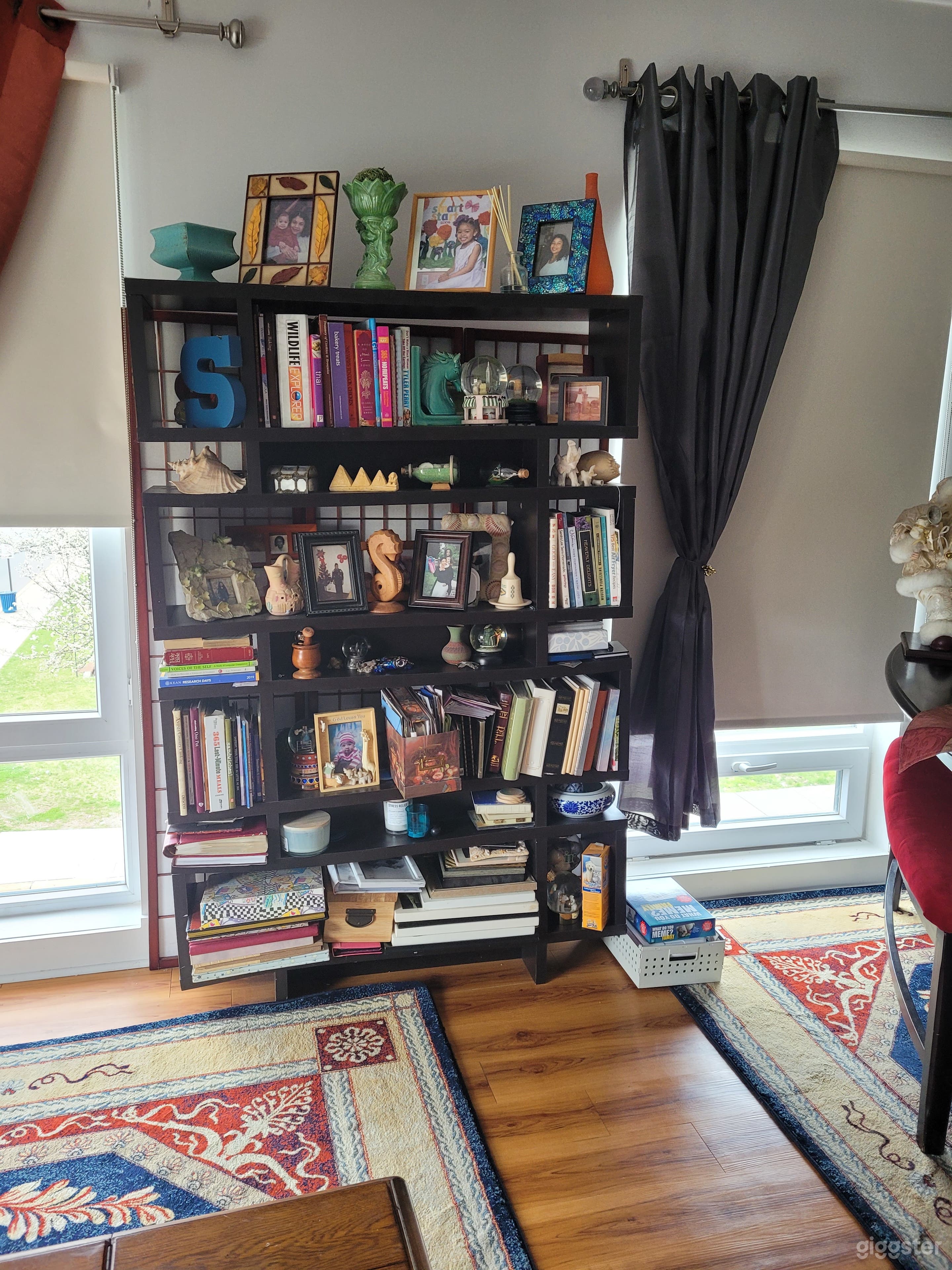 Bookcase with large windows with great sunlight.