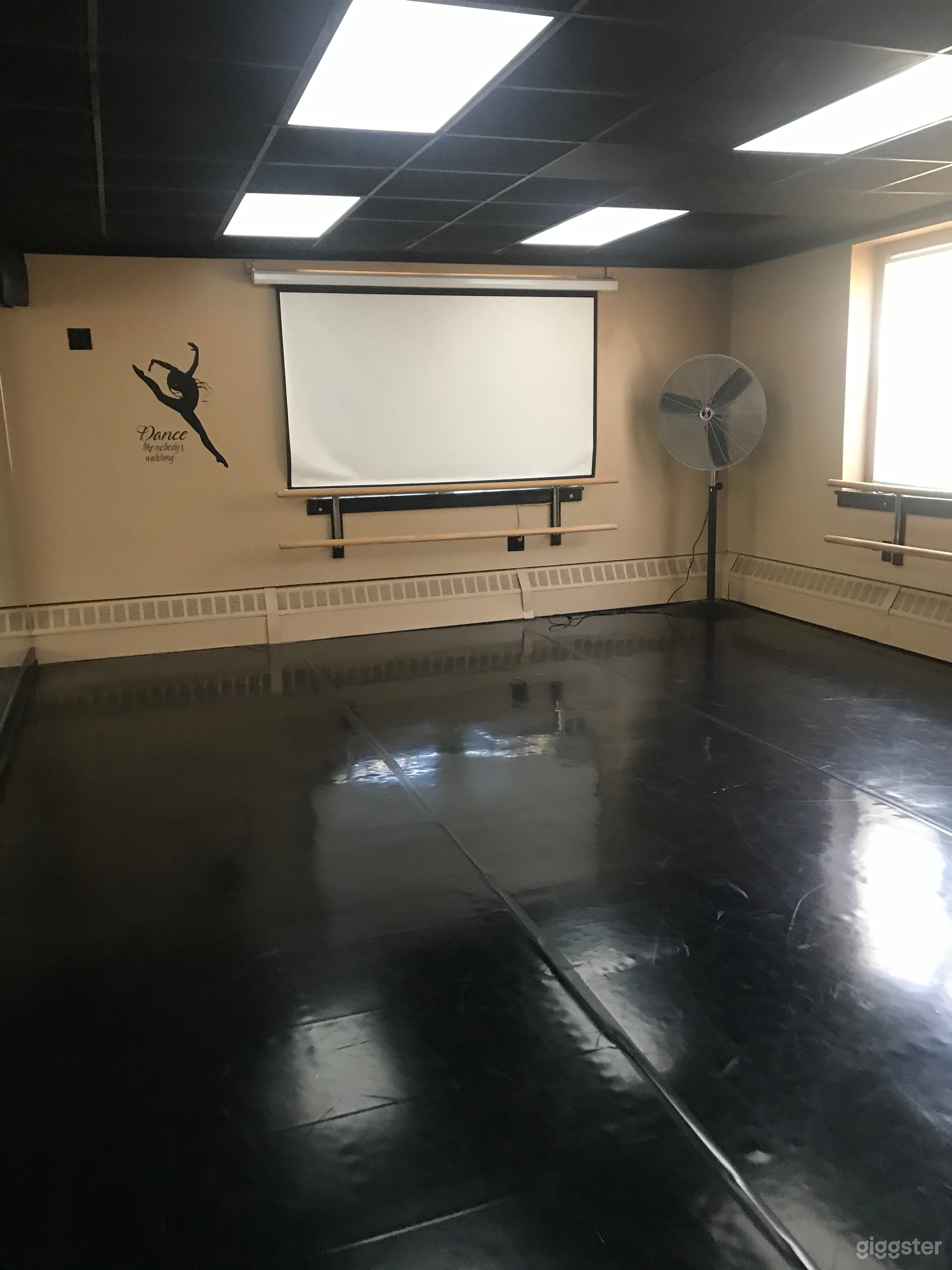 Pull down multi-media screen in dance/meeting area