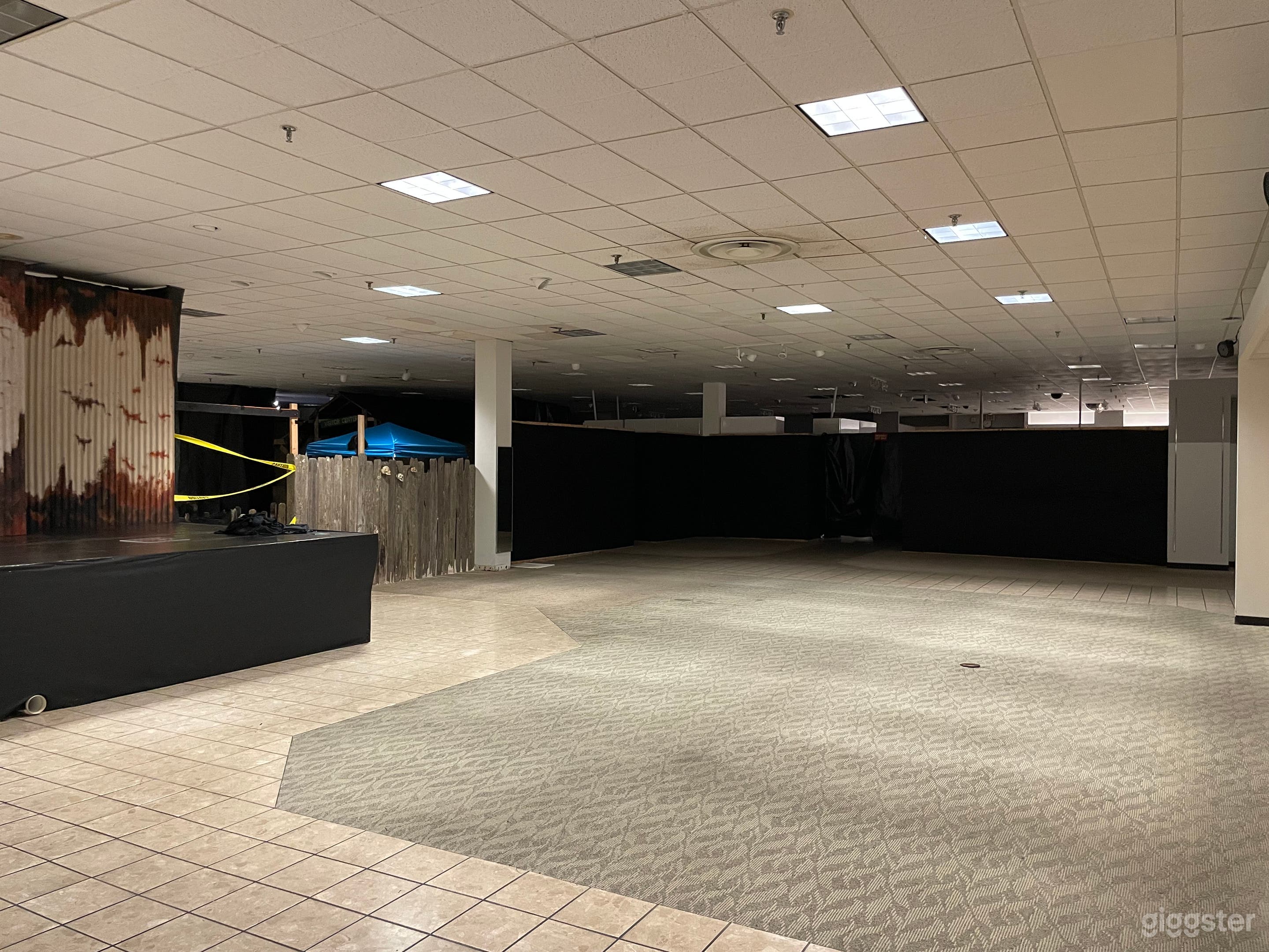 Main Show area with stage, PA system and DMX system including fog machines and lights.