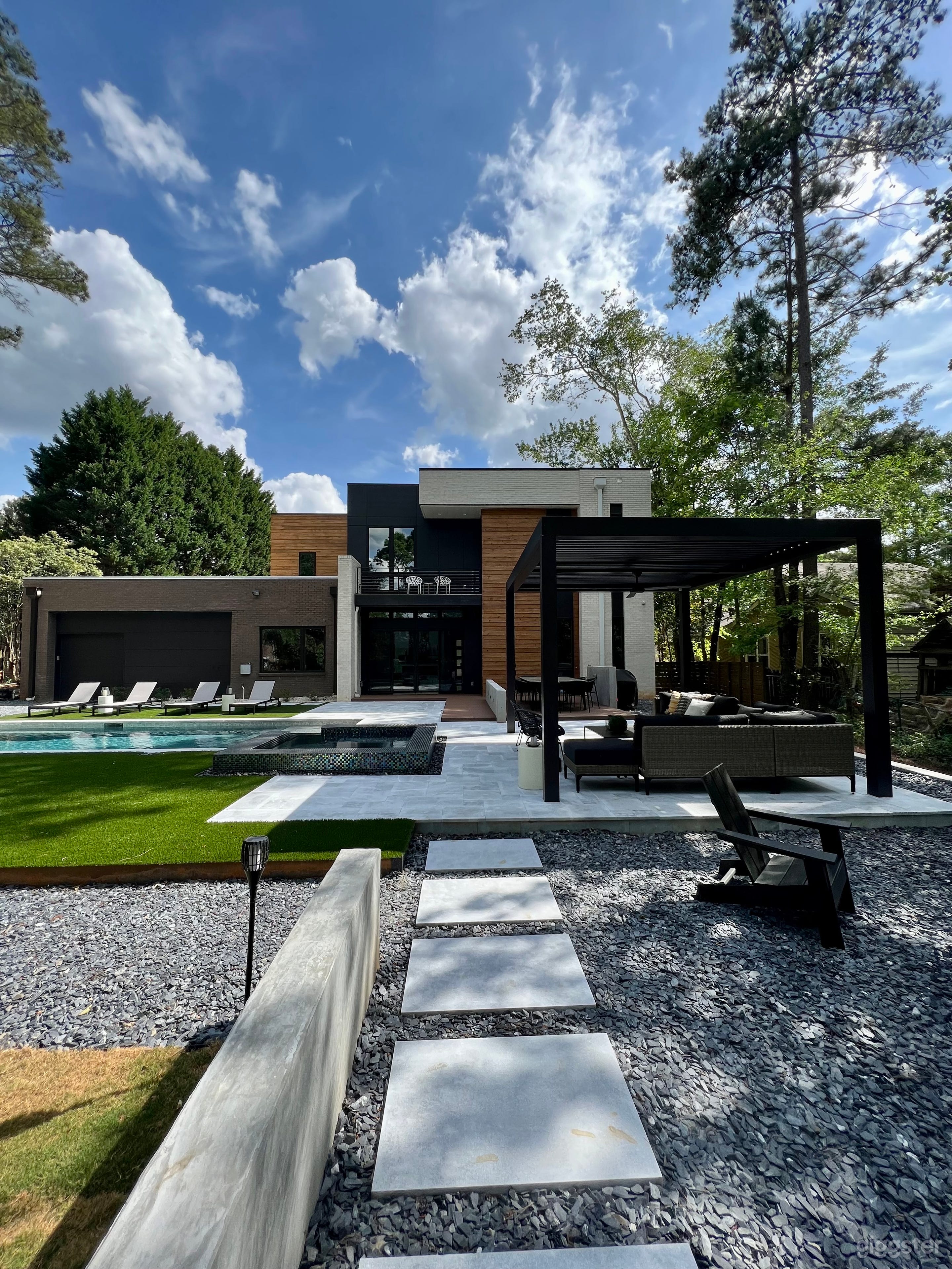 New backyard, rectangular pool and spill over spa, contemporary power pergola, fire pit and dinning area.