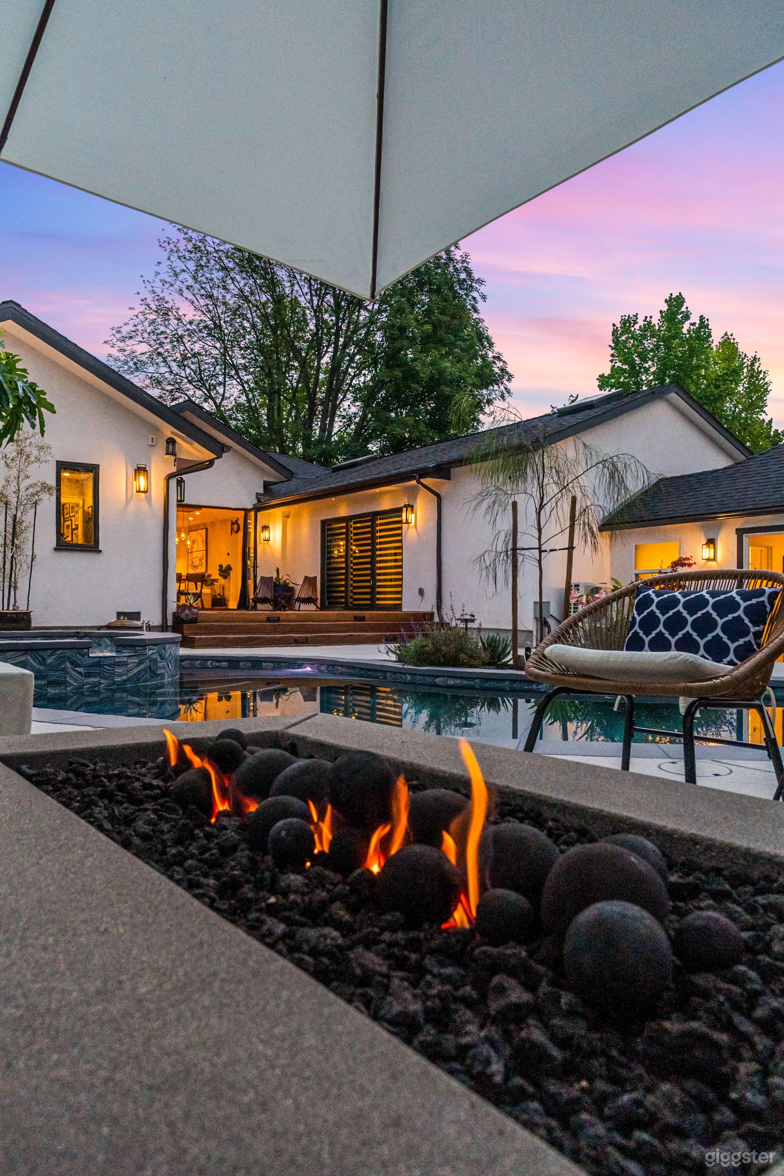 Our poolside fire pit ignites the perfect setting for golden hour shoots or cozy night scenes. With layered textures, moody lighting, and elegant lines, this backdrop adds instant atmosphere to your next production or lifestyle shoot.