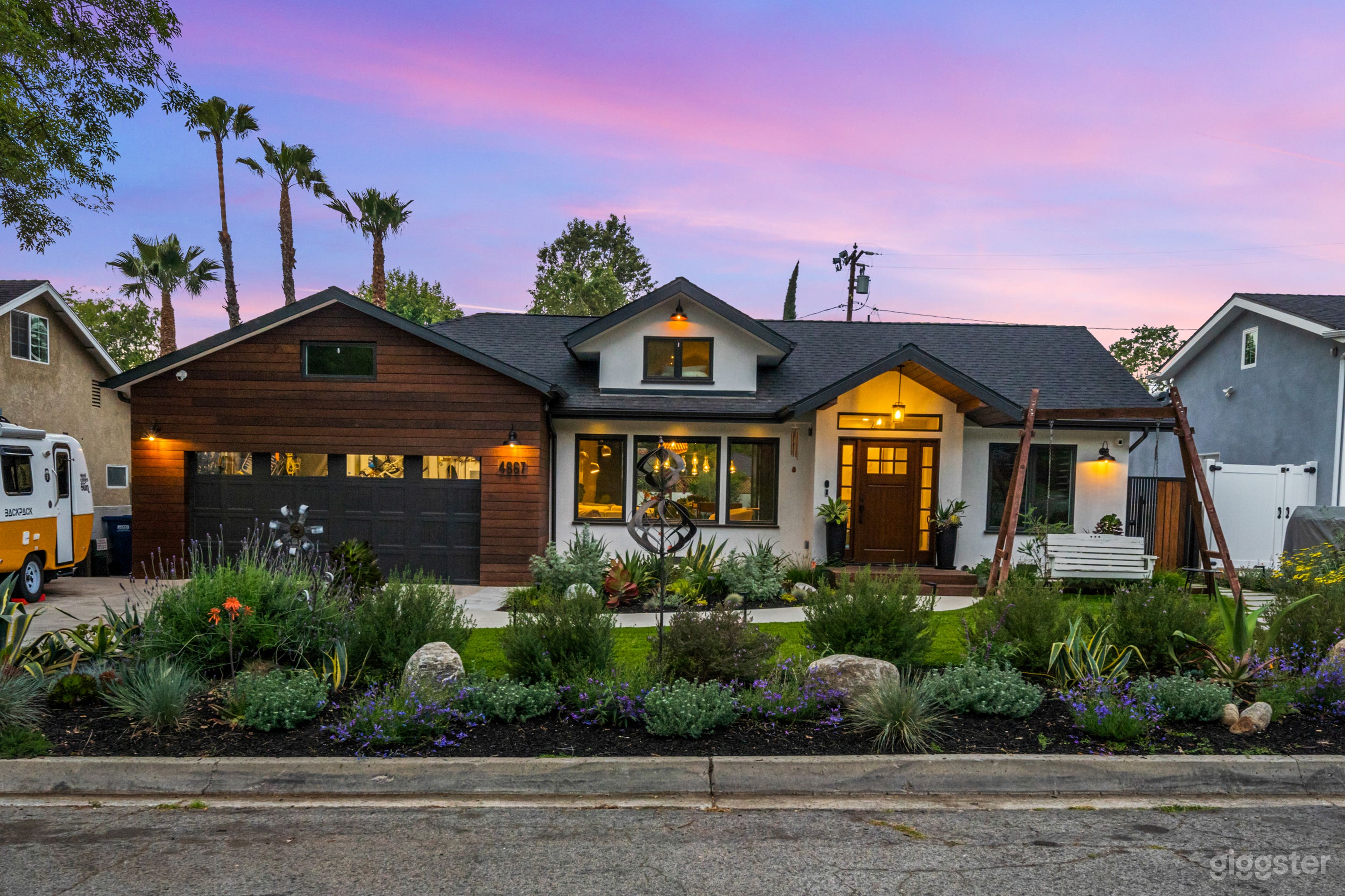 Set against a vibrant California sunset, our home's warm wood tones, lush drought-tolerant landscaping, and cozy front porch swing create a picture-perfect backdrop. Whether you're shooting a lifestyle scene, a heartfelt moment, or need a polished suburban