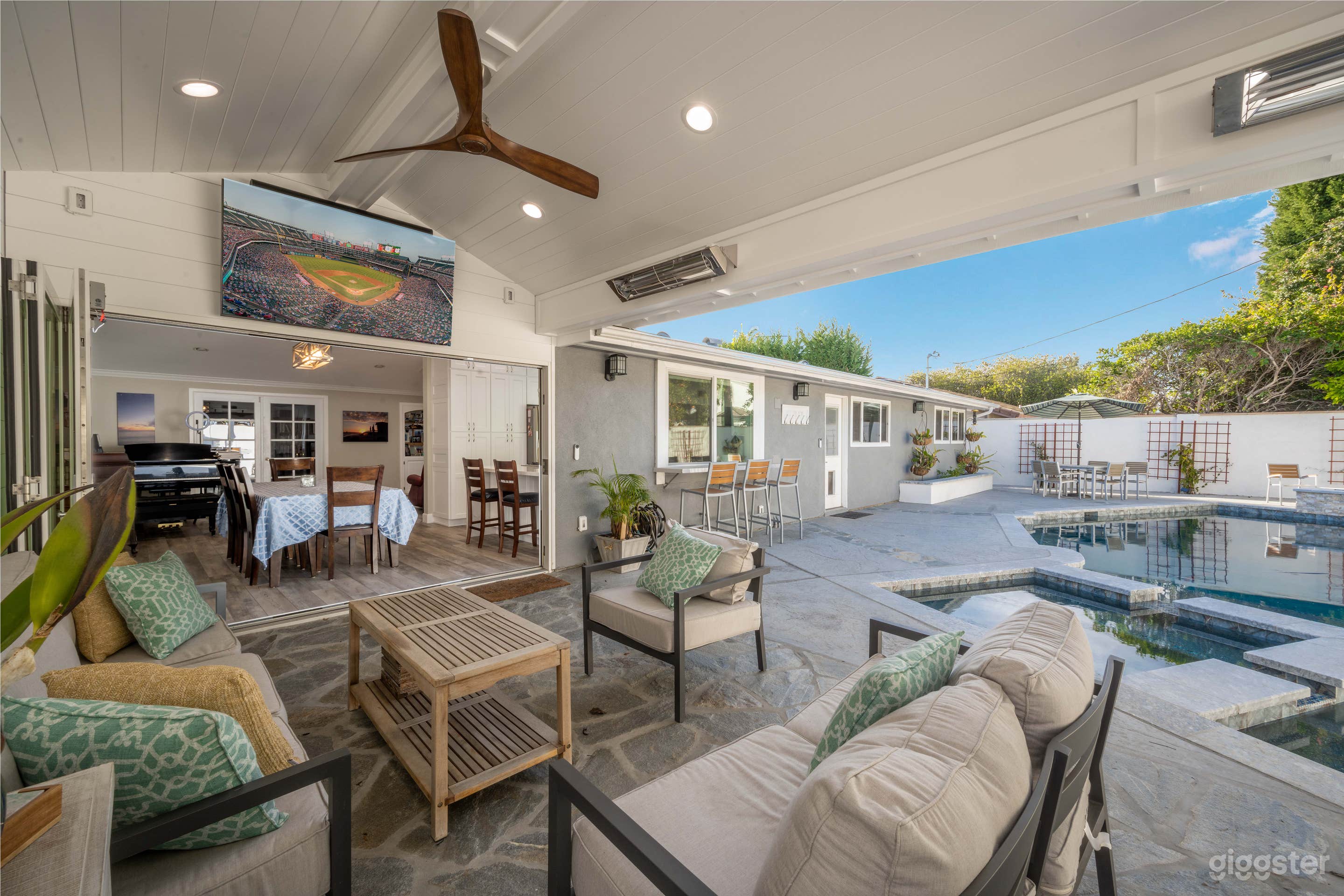 California Room, pool spa, open slider, patio, outdoor oasis