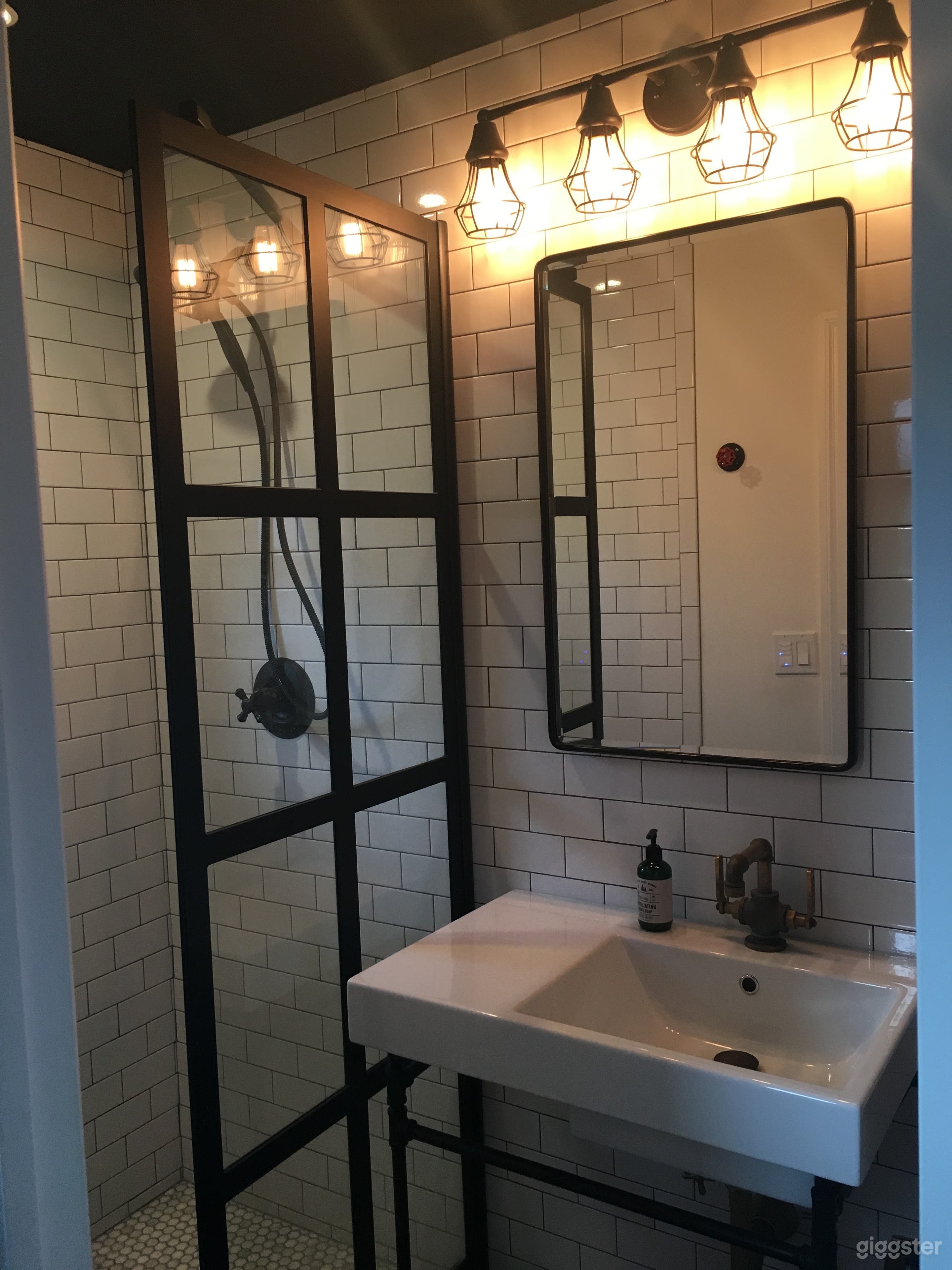 Industrial main floor bathroom at the back of the house. 