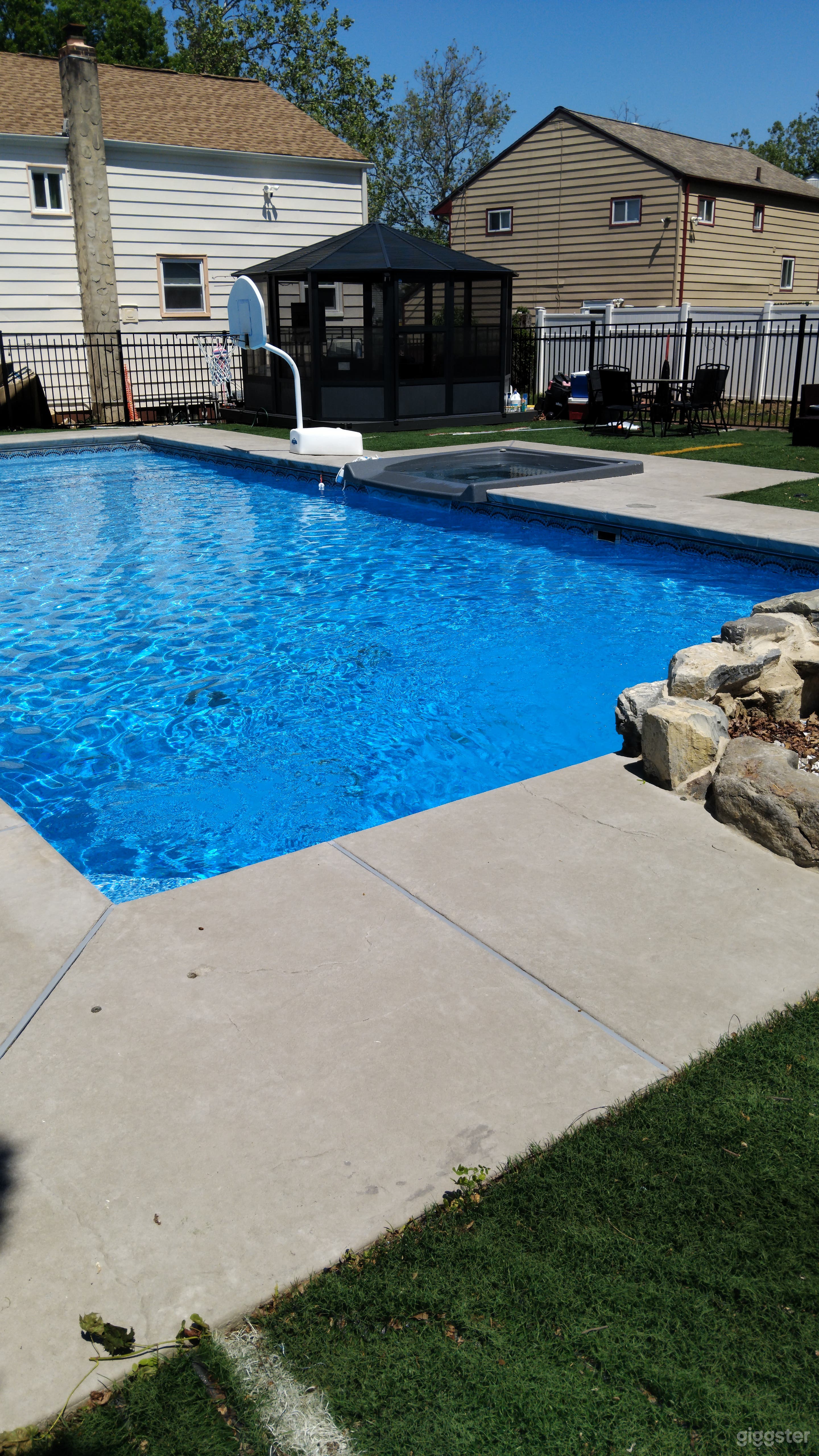 Saltwater clear blue waters. Deep end bench for seating and relaxing in deep end.
