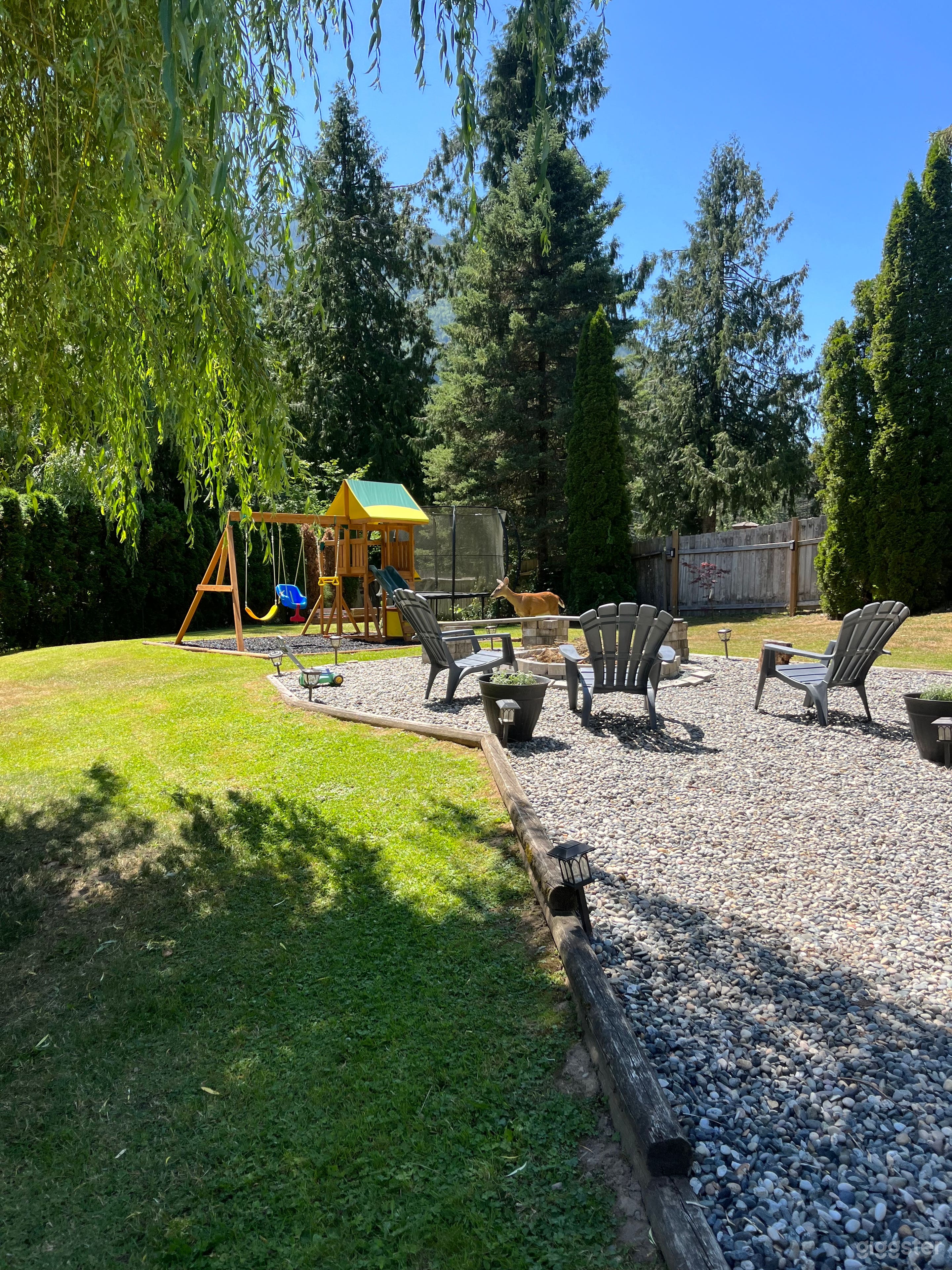 Fire pit, playground and a deer passing through