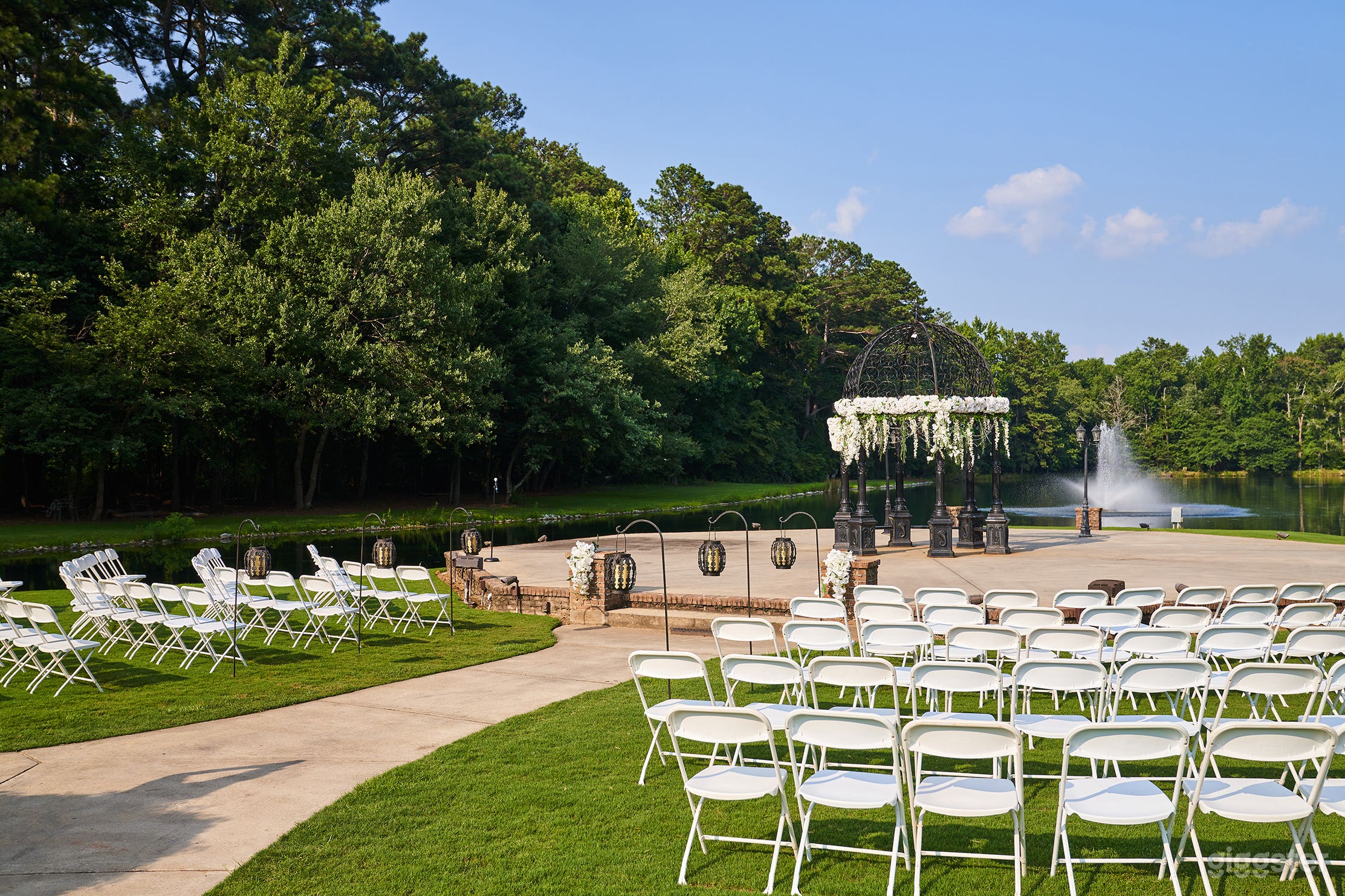 Pristine Chapel Lakeside, lake peninsula with wrought-iron gazebo