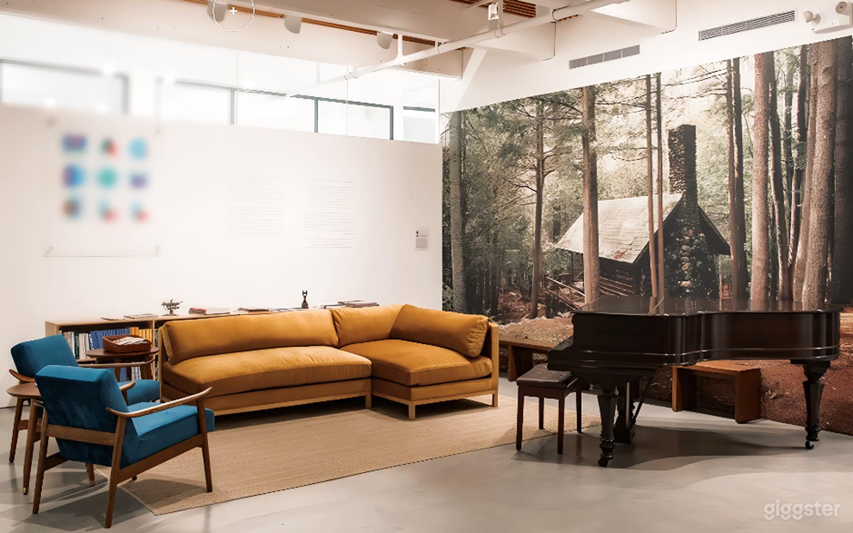 lobby with mural and seating