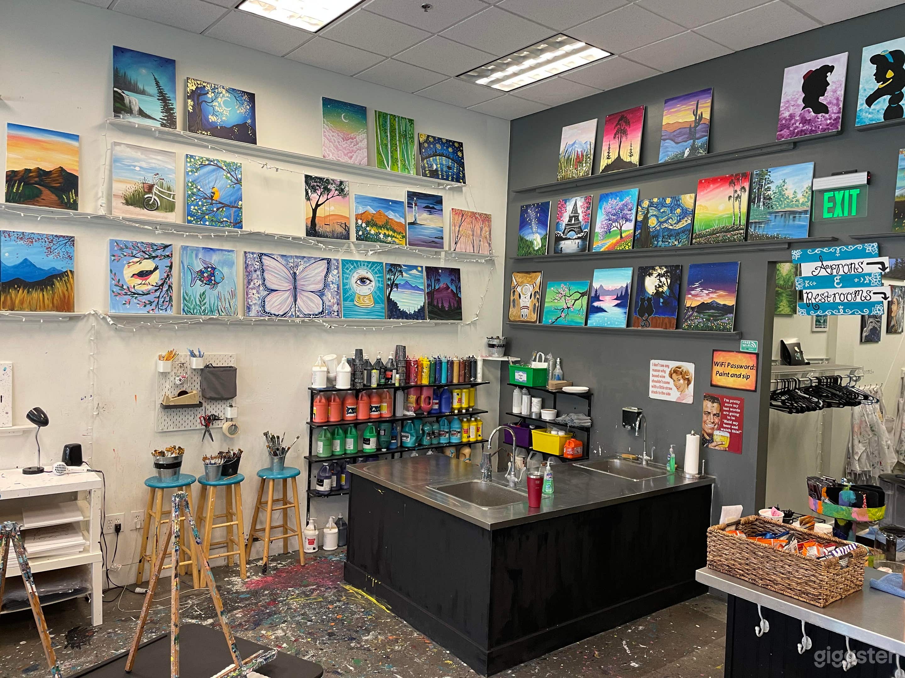 Paint bar with two sinks. 